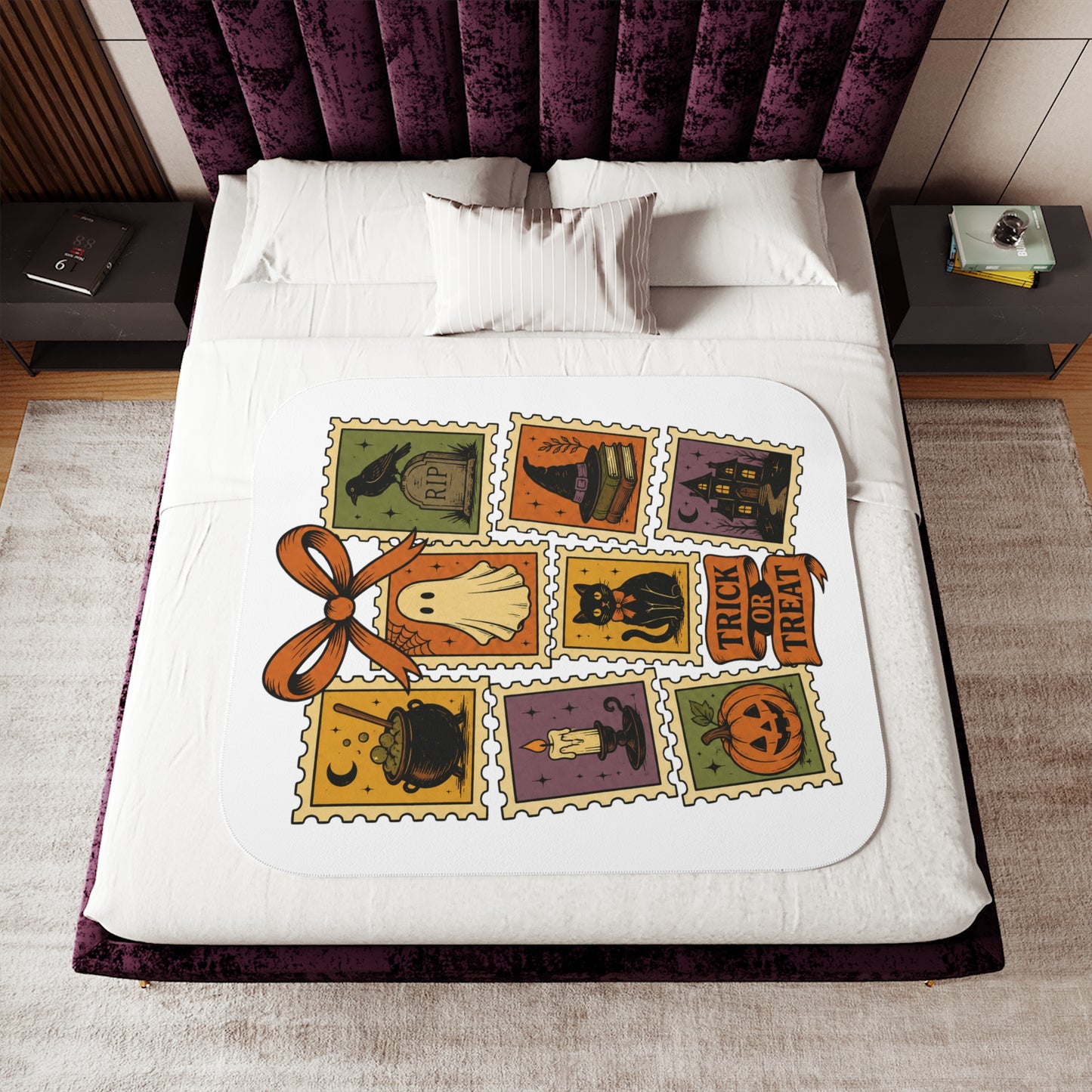 Halloween Stamp Sherpa Blanket – Trick or Treat Cozy Throw