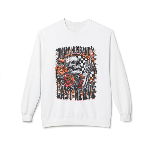 Crewneck Sweatshirt — 'My Husband's Last Nerve' Skull & Roses Vintage Racing Design