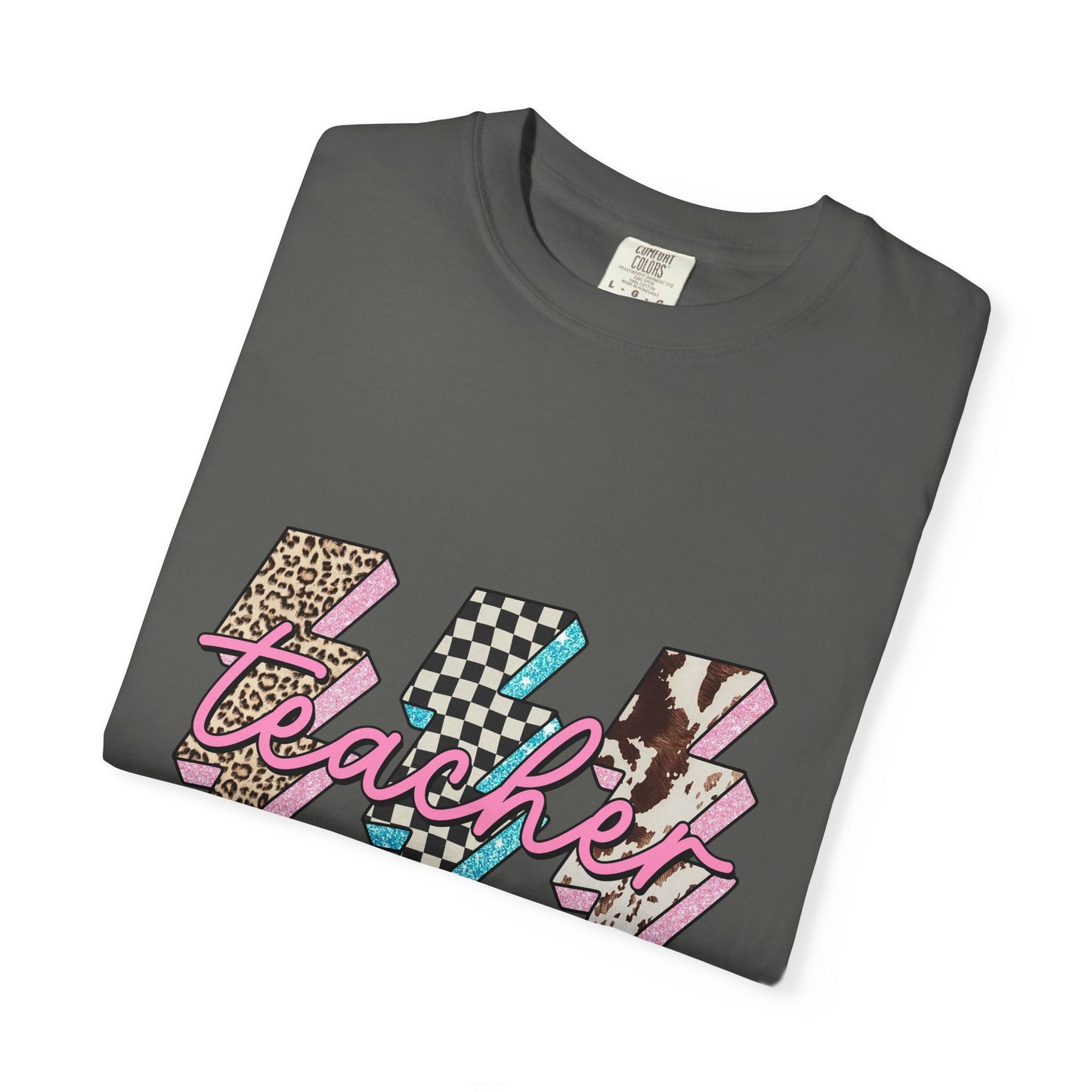 Teacher Lightning Bolt Graphic Tee — Retro Pink Patterned "Teacher" Design