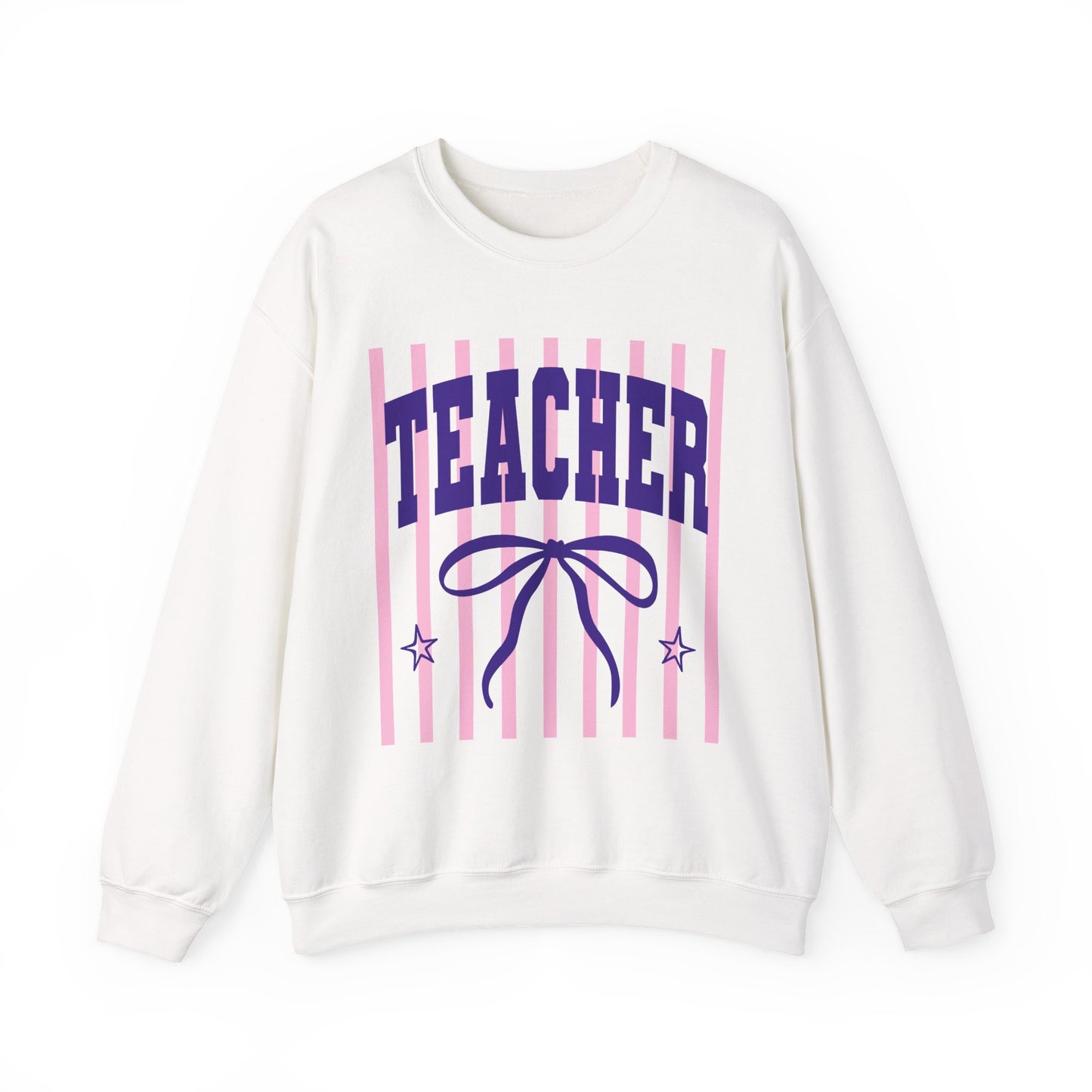 Teacher Crewneck Sweatshirt — Pink Stripes & Bow Design