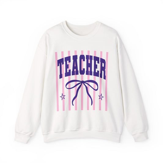Teacher Crewneck Sweatshirt — Pink Stripes & Bow Design