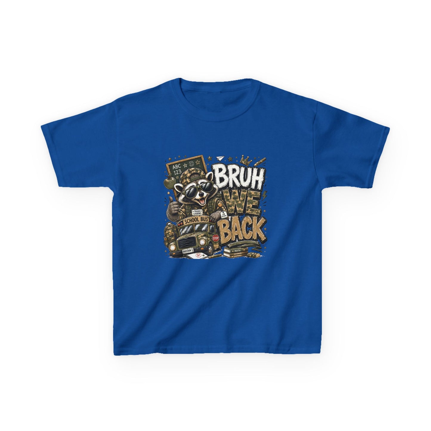 Kids Tee — "Bruh We Back" Cartoon Raccoon School Bus Graphic