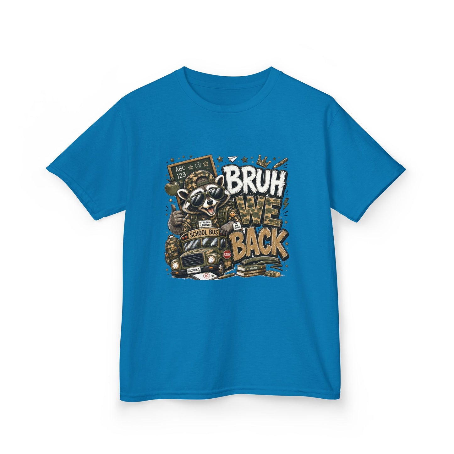 Kids Tee — "Bruh We Back" Cartoon Raccoon School Bus Graphic