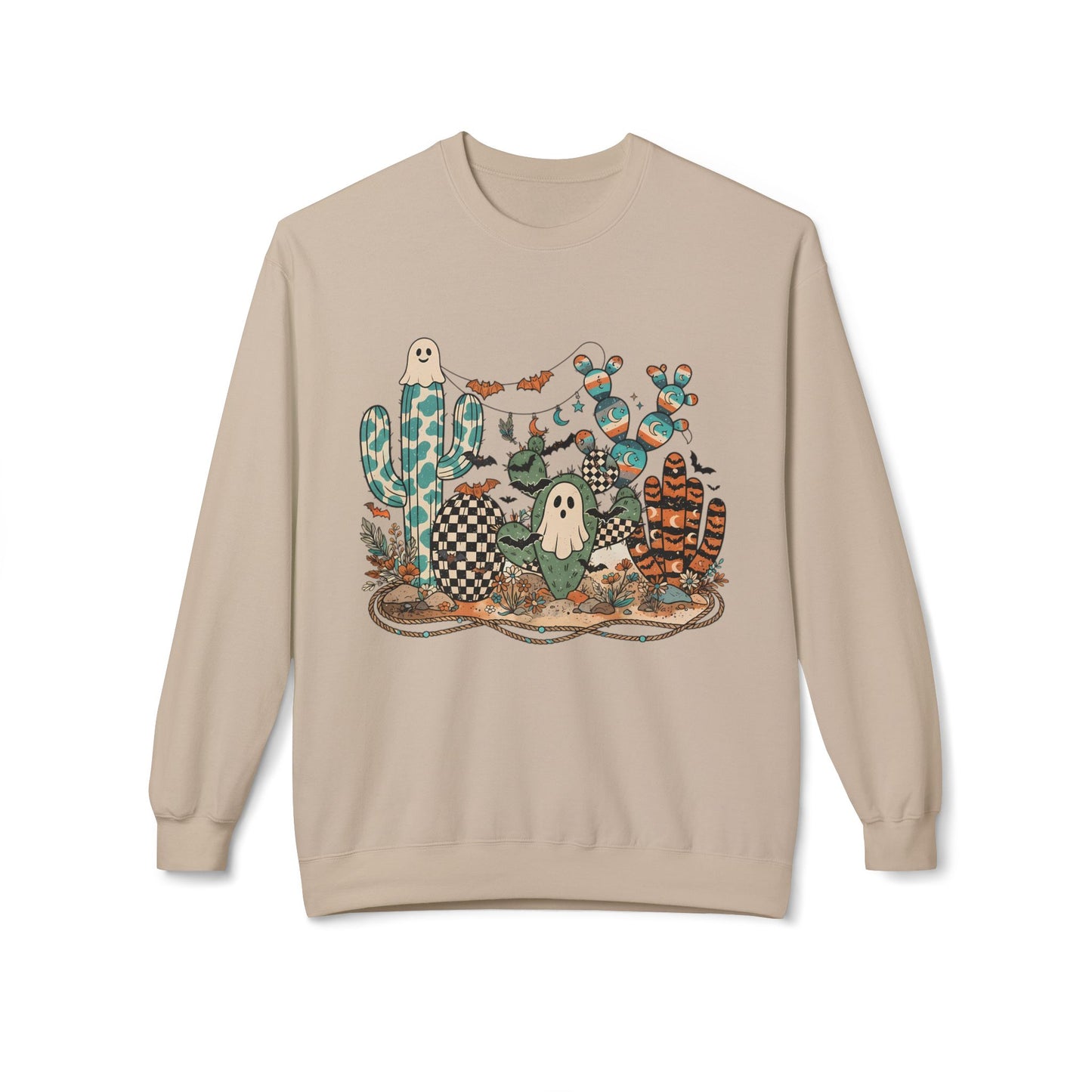 Halloween Cactus Crewneck Sweatshirt — Cute Ghosts & Desert Plants Graphic