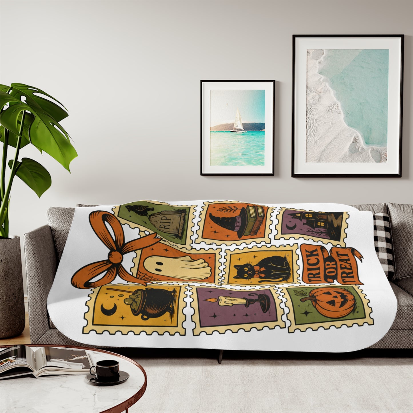 Halloween Stamp Sherpa Blanket – Trick or Treat Cozy Throw