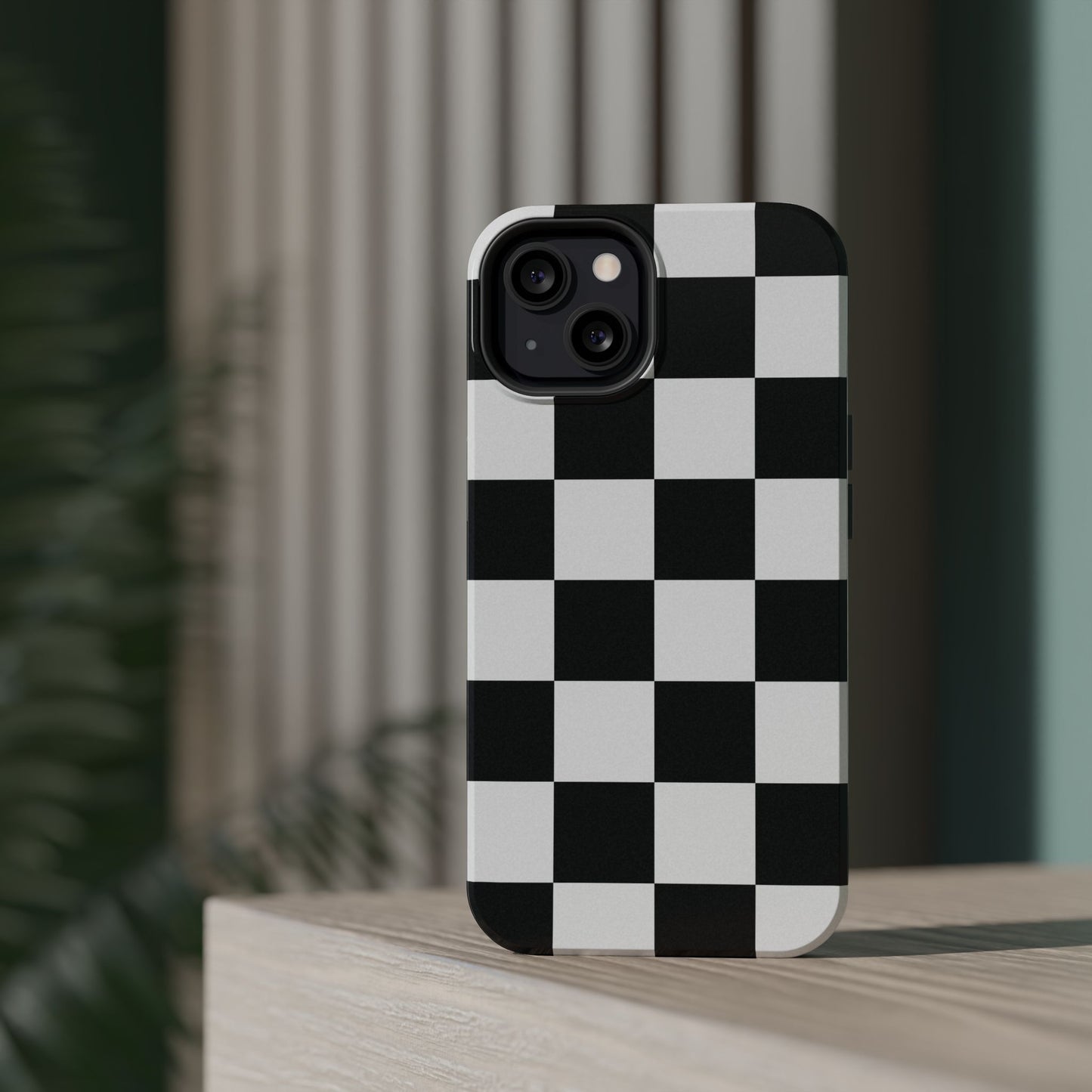 Black & White Checkered Magnetic Impact Phone Case — Shockproof, Wireless Charging Compatible