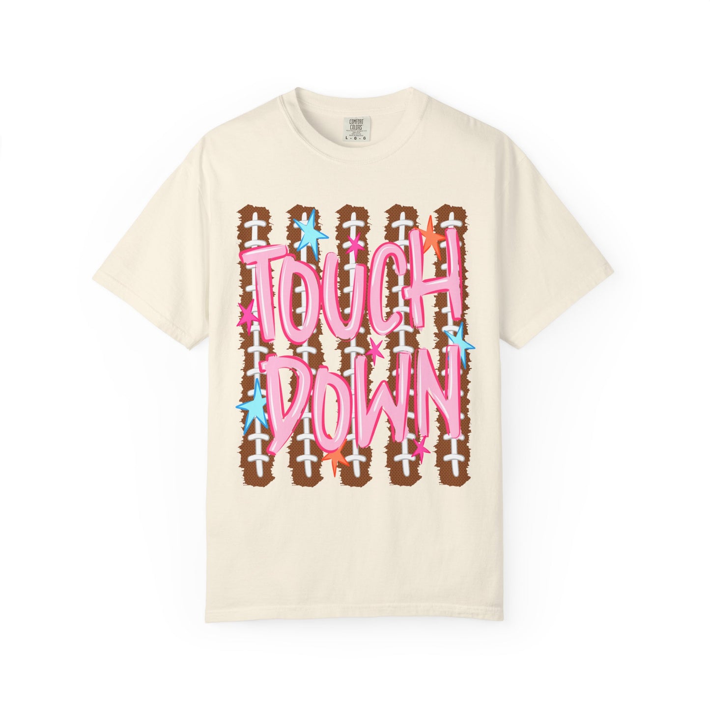 Touchdown Football Tee — Pink Script on Football Stitch Background
