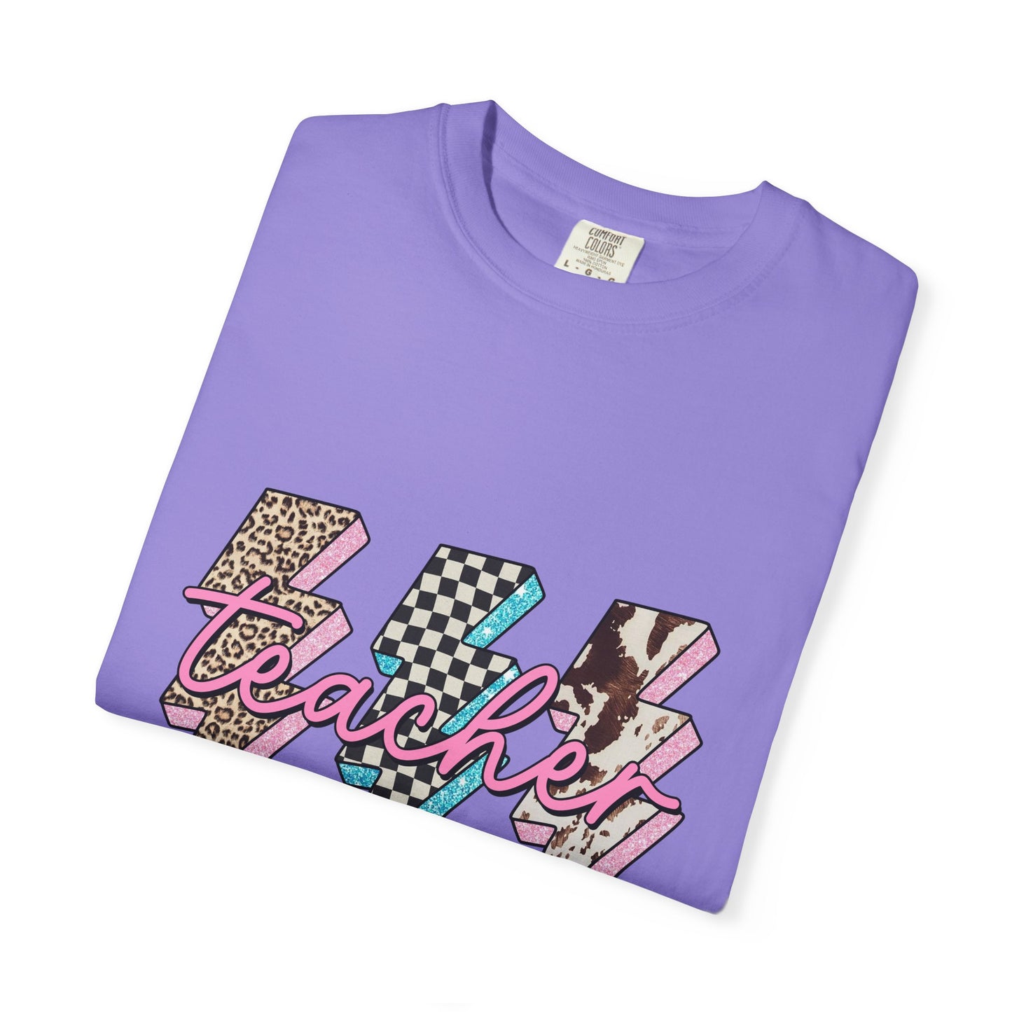 Teacher Lightning Bolt Graphic Tee — Retro Pink Patterned "Teacher" Design