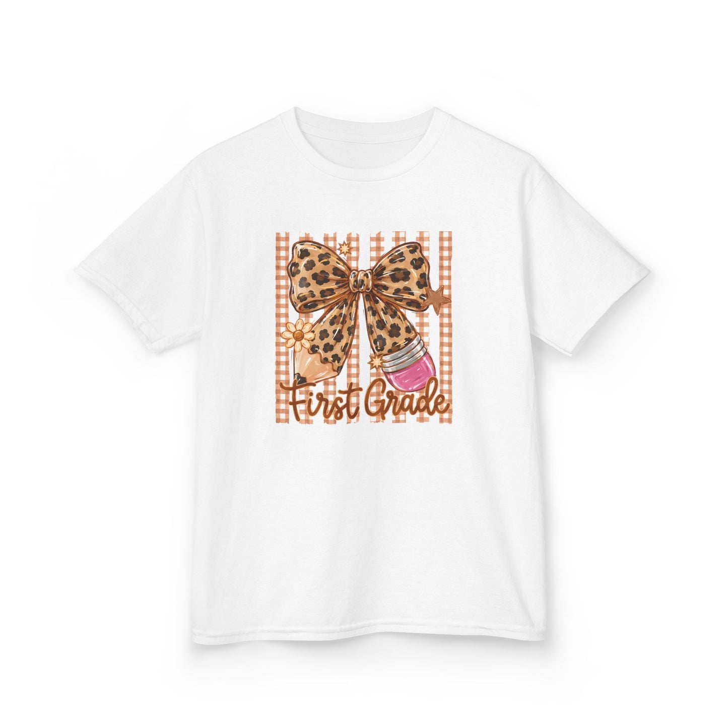 First Grade Leopard Bow Kids Tee — Back to School Graphic Shirt