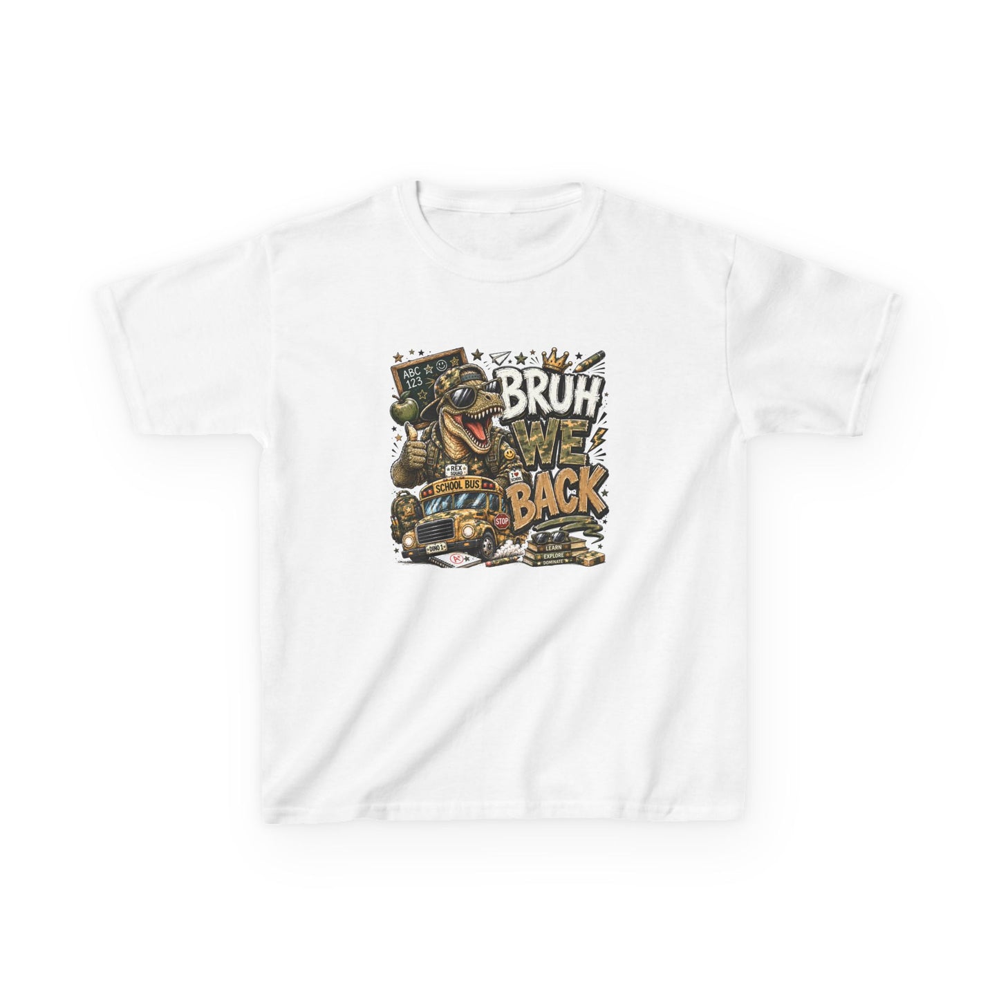 Kids Graphic Tee — "Bruh We Back" T- Rex Vintage Skate Dinosaur Crew Shirt