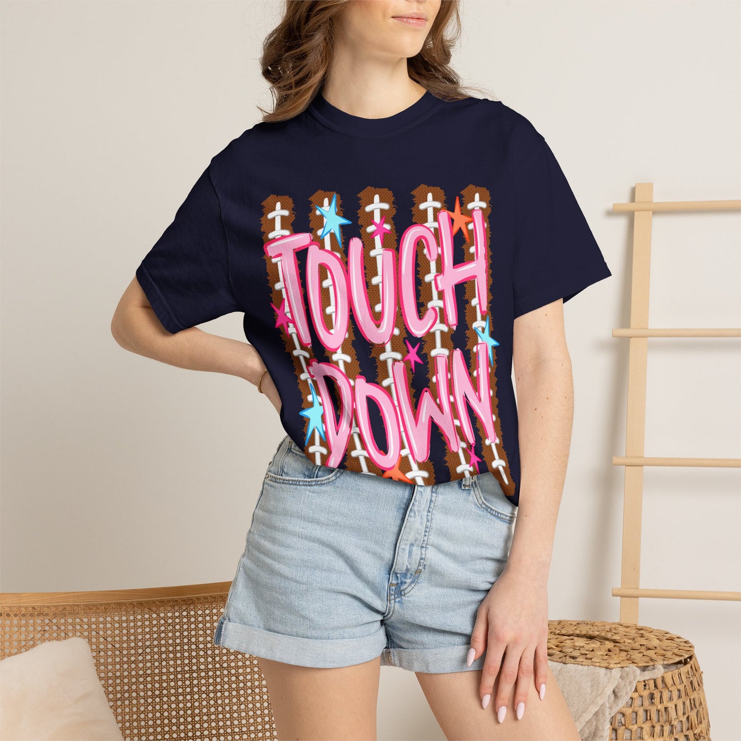 Touchdown Football Tee — Pink Script on Football Stitch Background