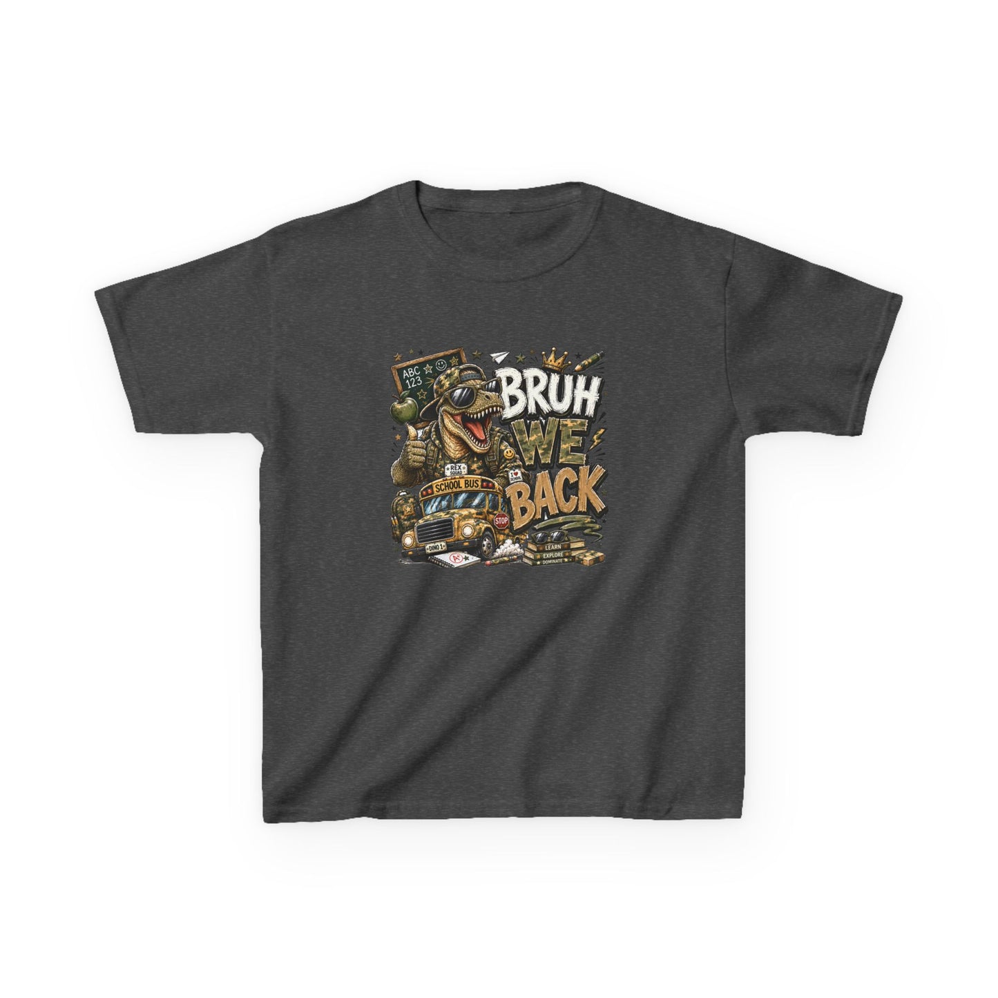 Kids Graphic Tee — "Bruh We Back" T- Rex Vintage Skate Dinosaur Crew Shirt