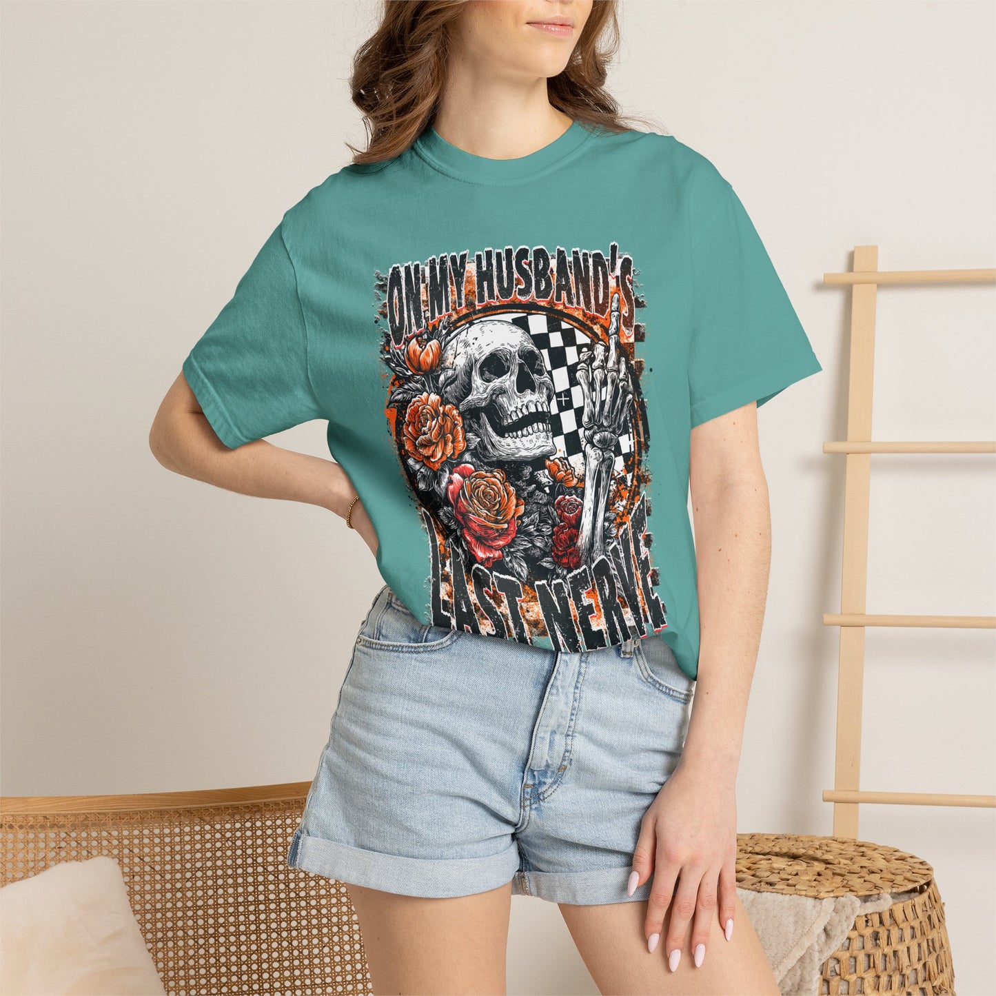 Easy Nerve T-Shirt — Skull, Roses & Racing Flag Graphic Tee