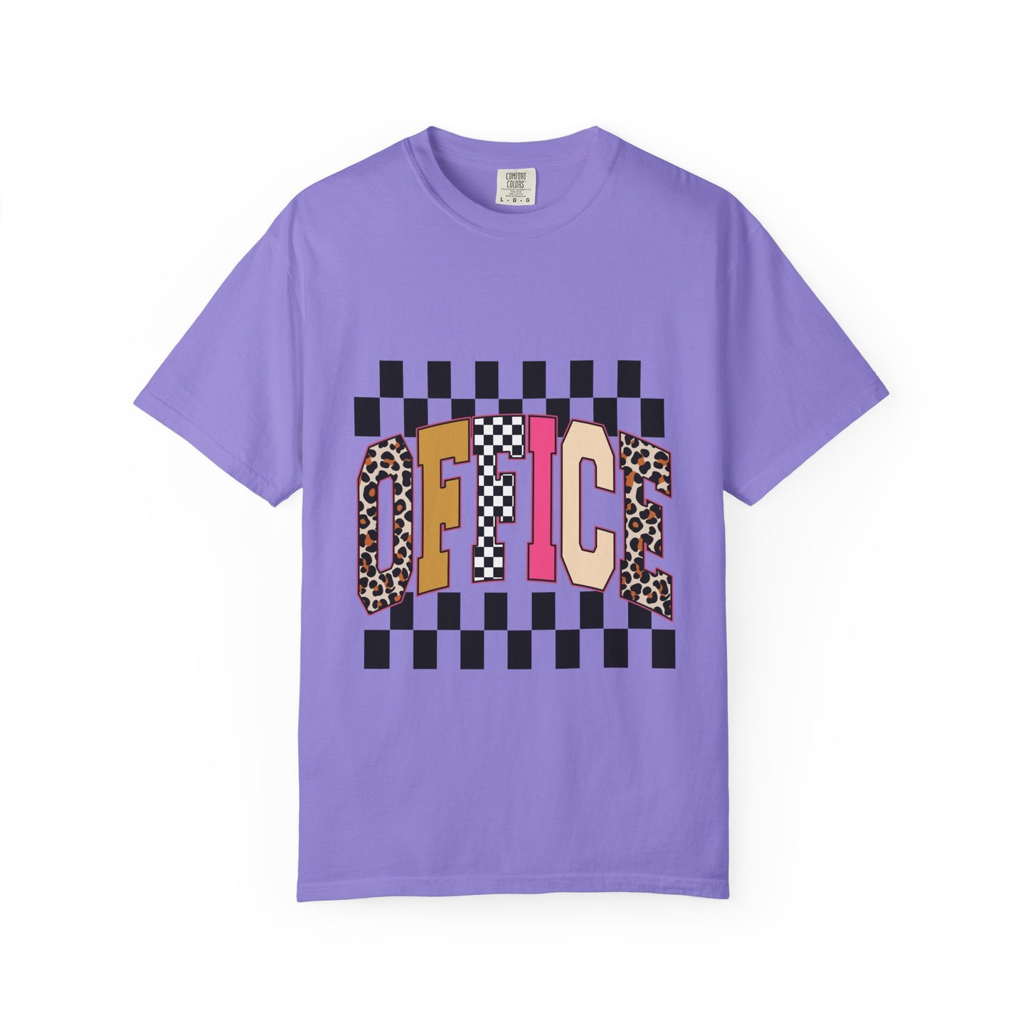 Office Checkerboard Graphic T-Shirt — Colorful Leopard & Retro Lettering