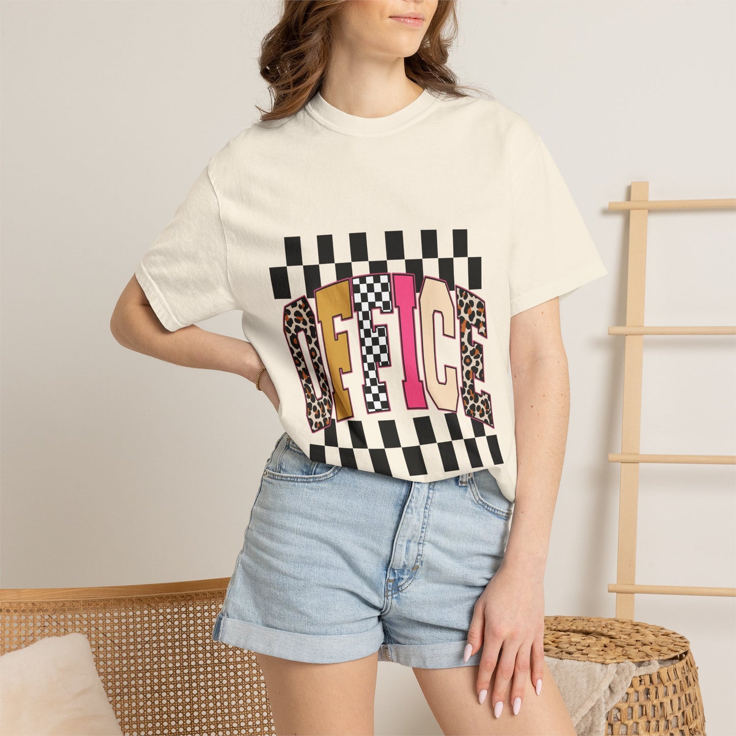 Office Checkerboard Graphic T-Shirt — Colorful Leopard & Retro Lettering