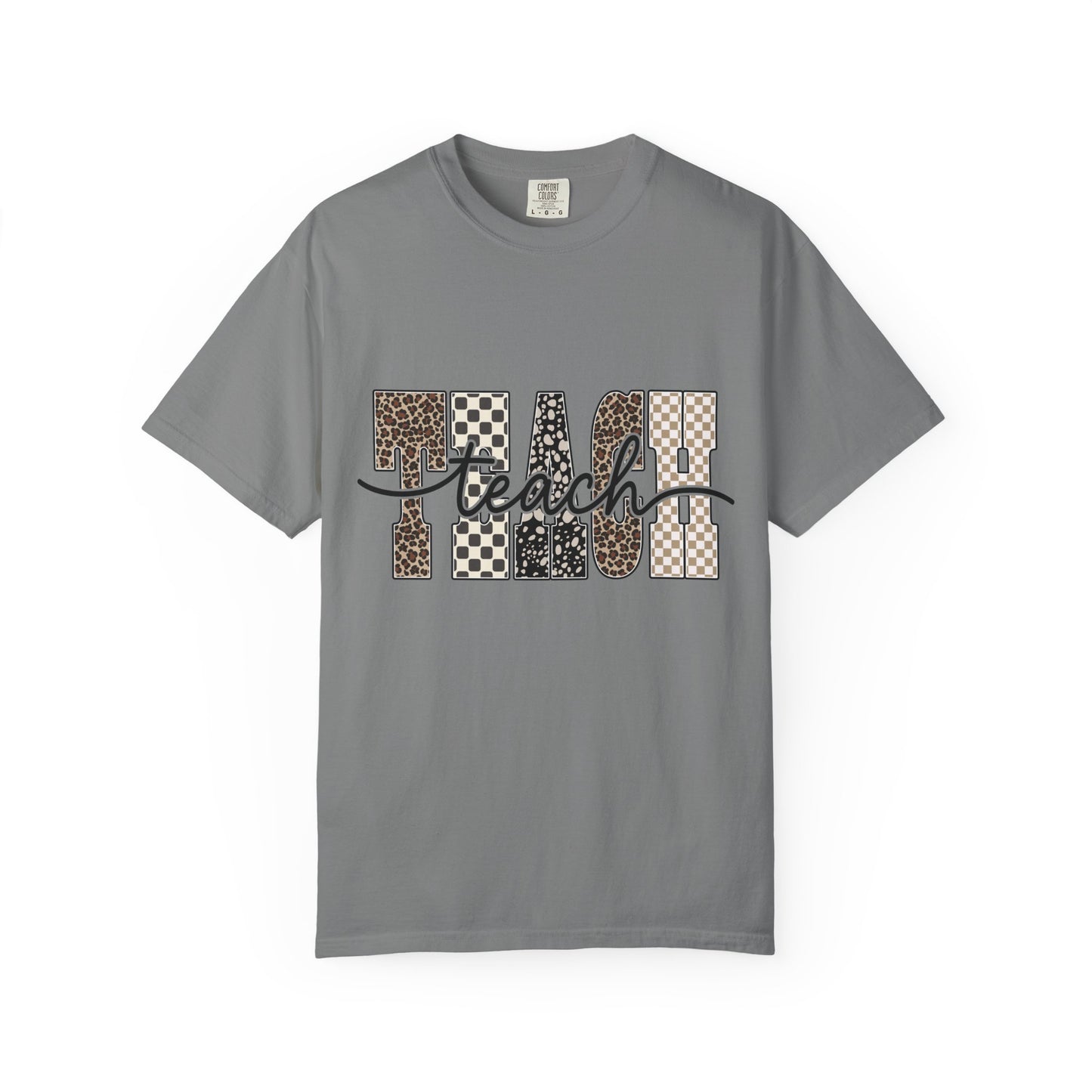 Teacher Graphic T-Shirt — Leopard & Checkerboard "Teach" Design