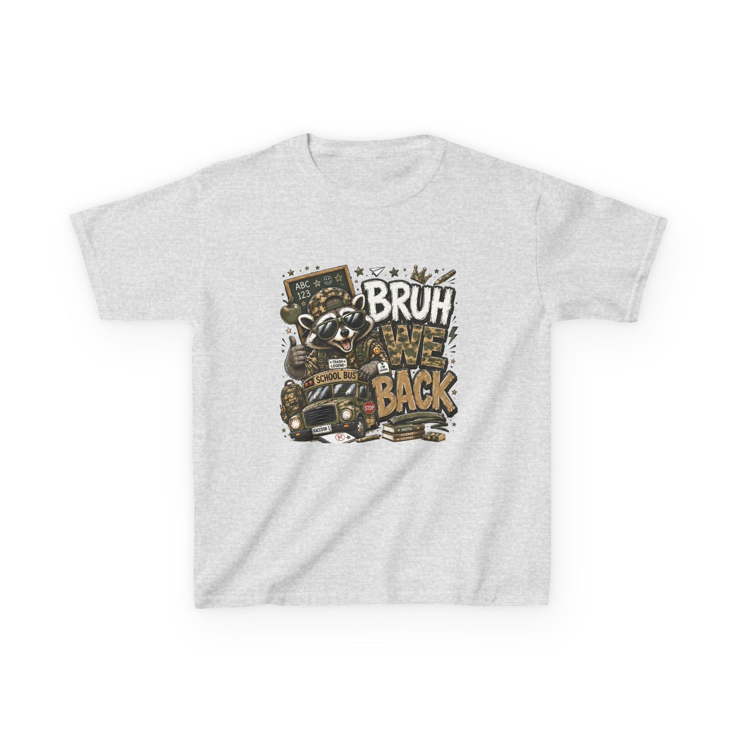 Kids Tee — "Bruh We Back" Cartoon Raccoon School Bus Graphic