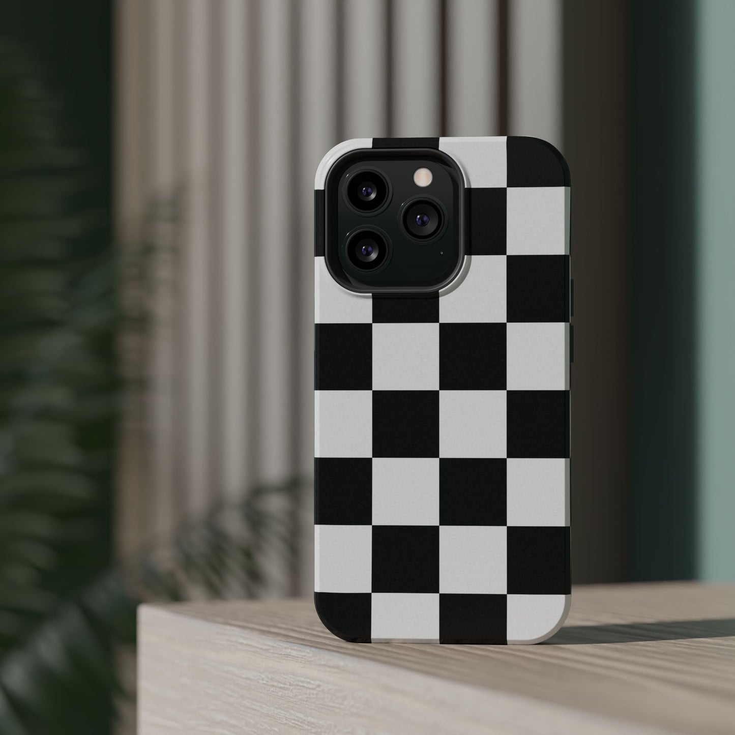 Black & White Checkered Magnetic Impact Phone Case — Shockproof, Wireless Charging Compatible