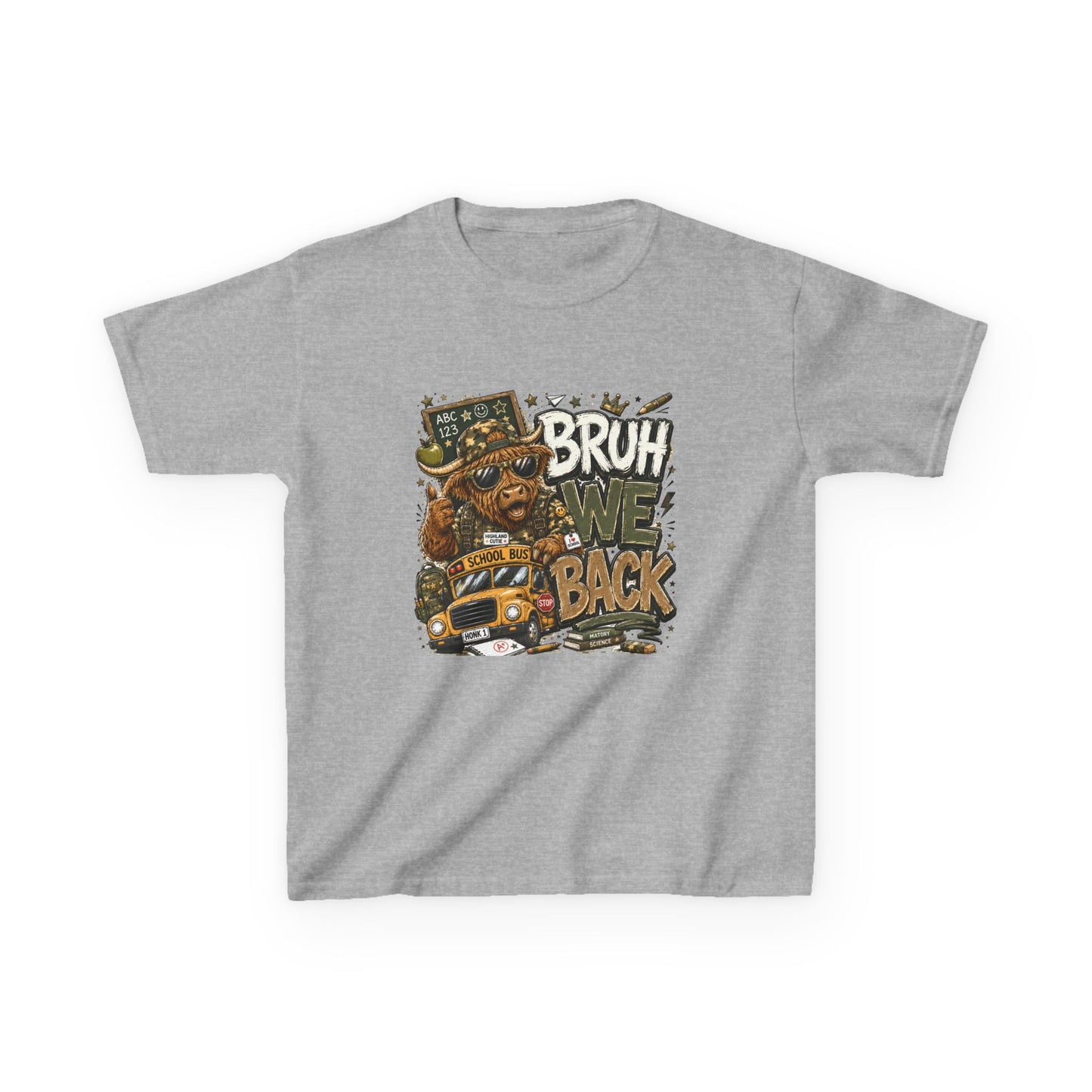 Kids Tee — 'Bruh We Back' Highland Cow Graphic
