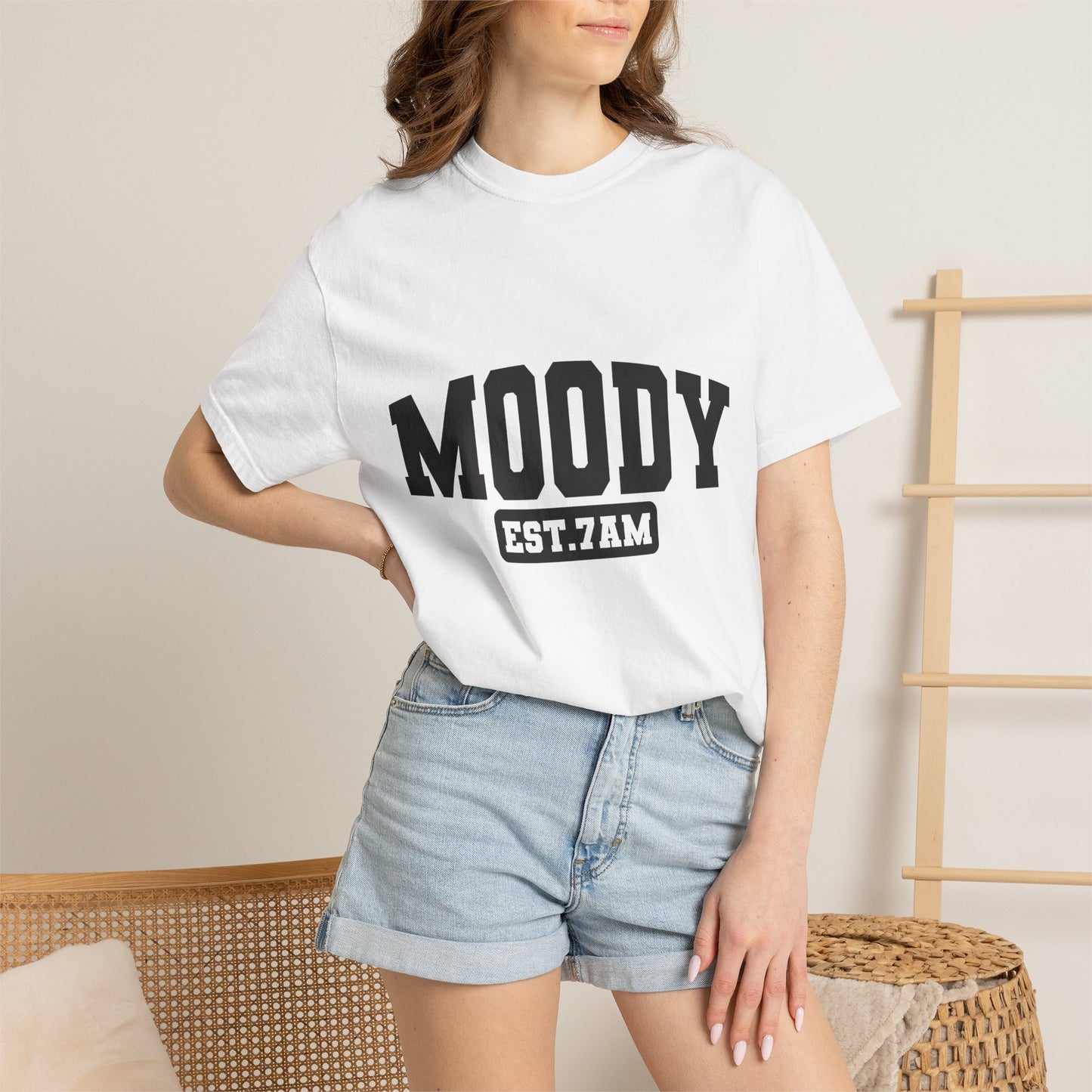 Moody EST. 7AM T-Shirt — Casual Graphic Tee for Coffee Lovers & Night Owls