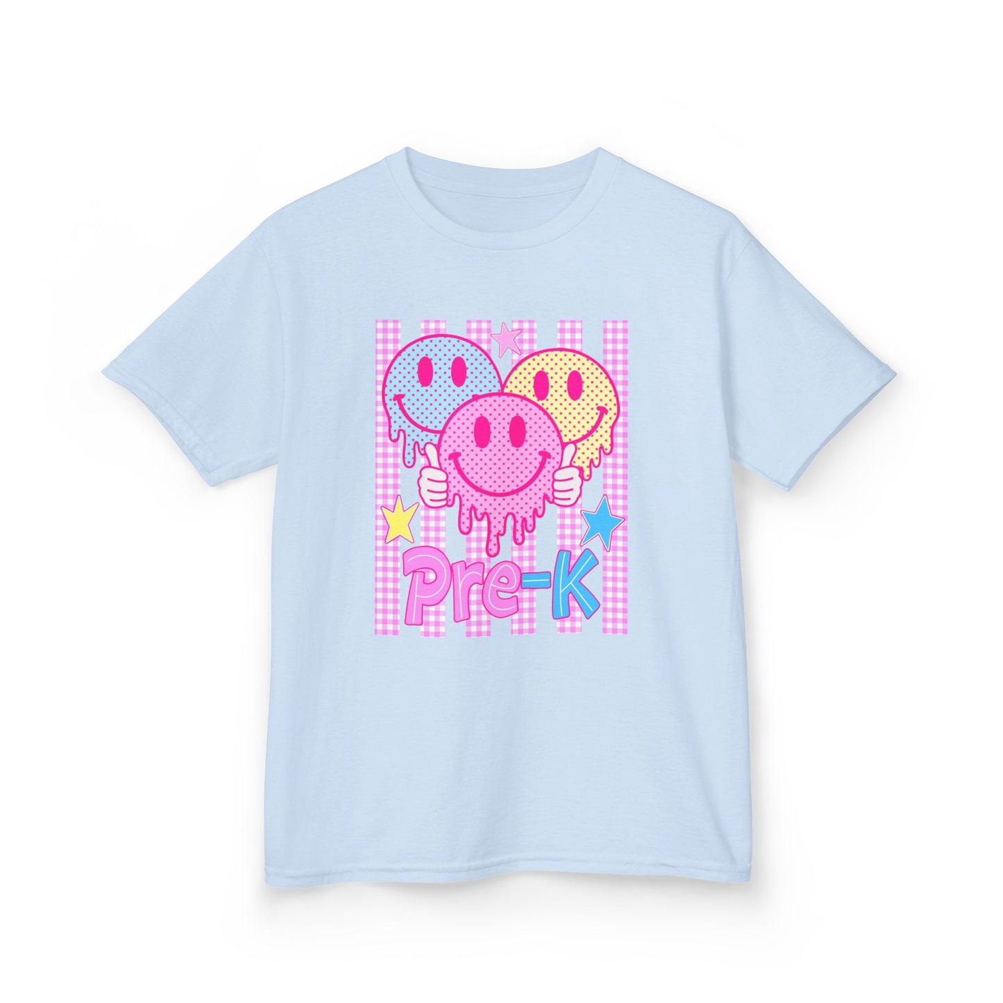 Pre-K Smiley Faces Kids T-Shirt — Cute Drip Neon Preschool Tee