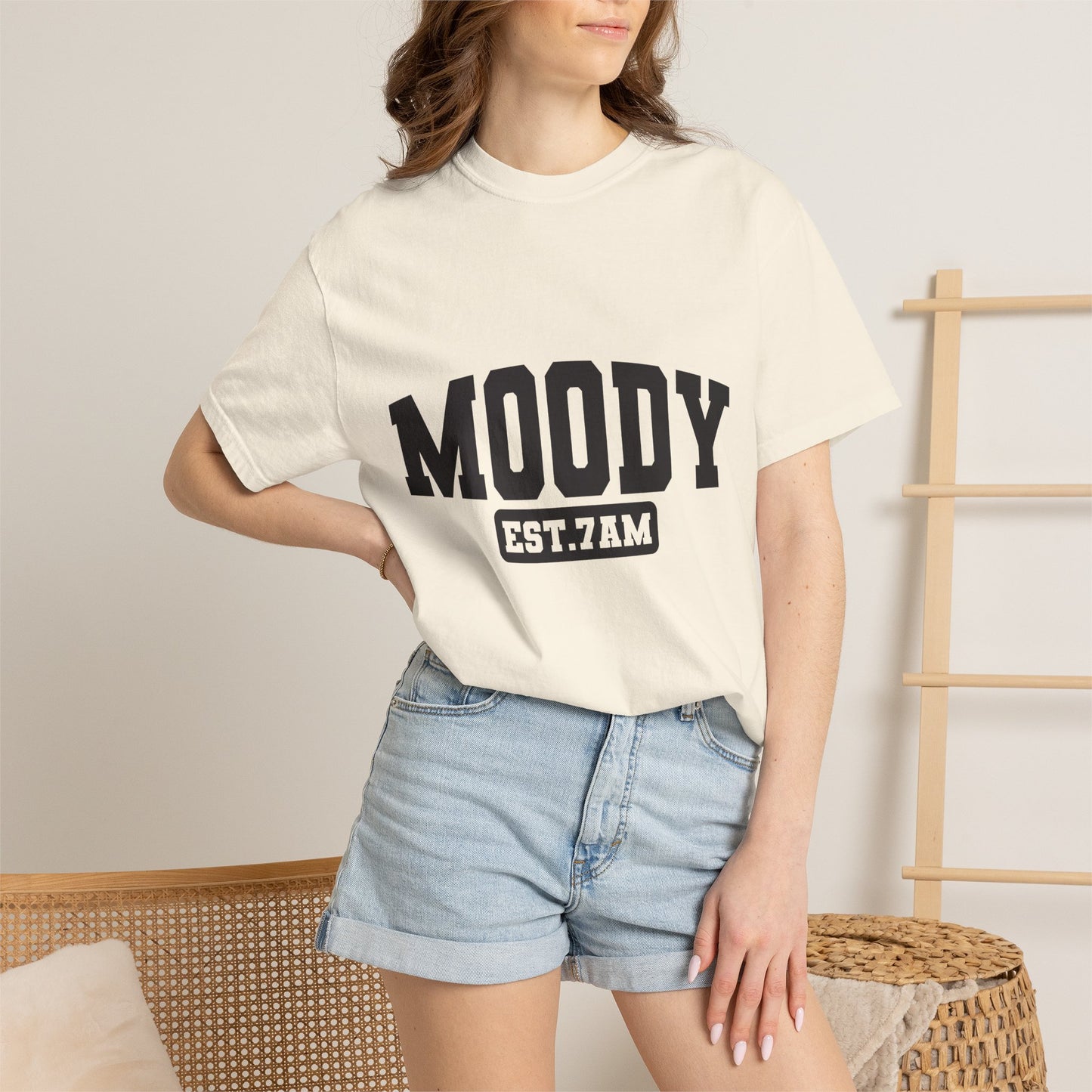Moody EST. 7AM T-Shirt — Casual Graphic Tee for Coffee Lovers & Night Owls