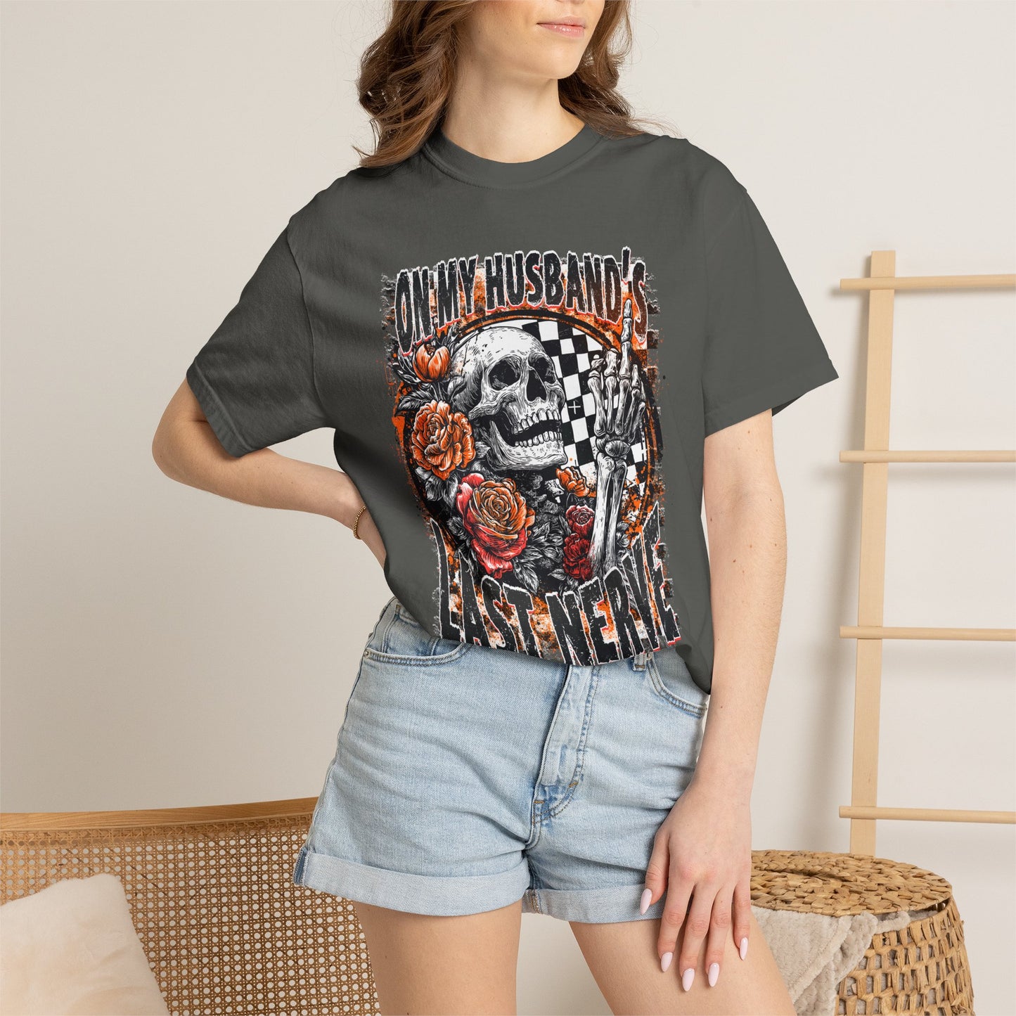 Easy Nerve T-Shirt — Skull, Roses & Racing Flag Graphic Tee