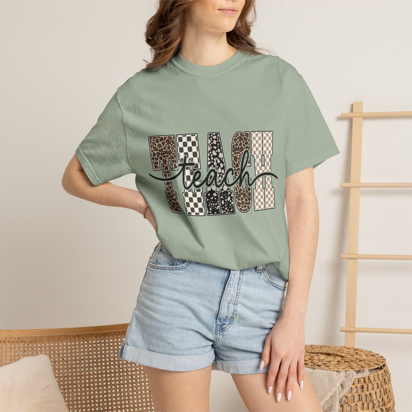 Teacher Graphic T-Shirt — Leopard & Checkerboard "Teach" Design