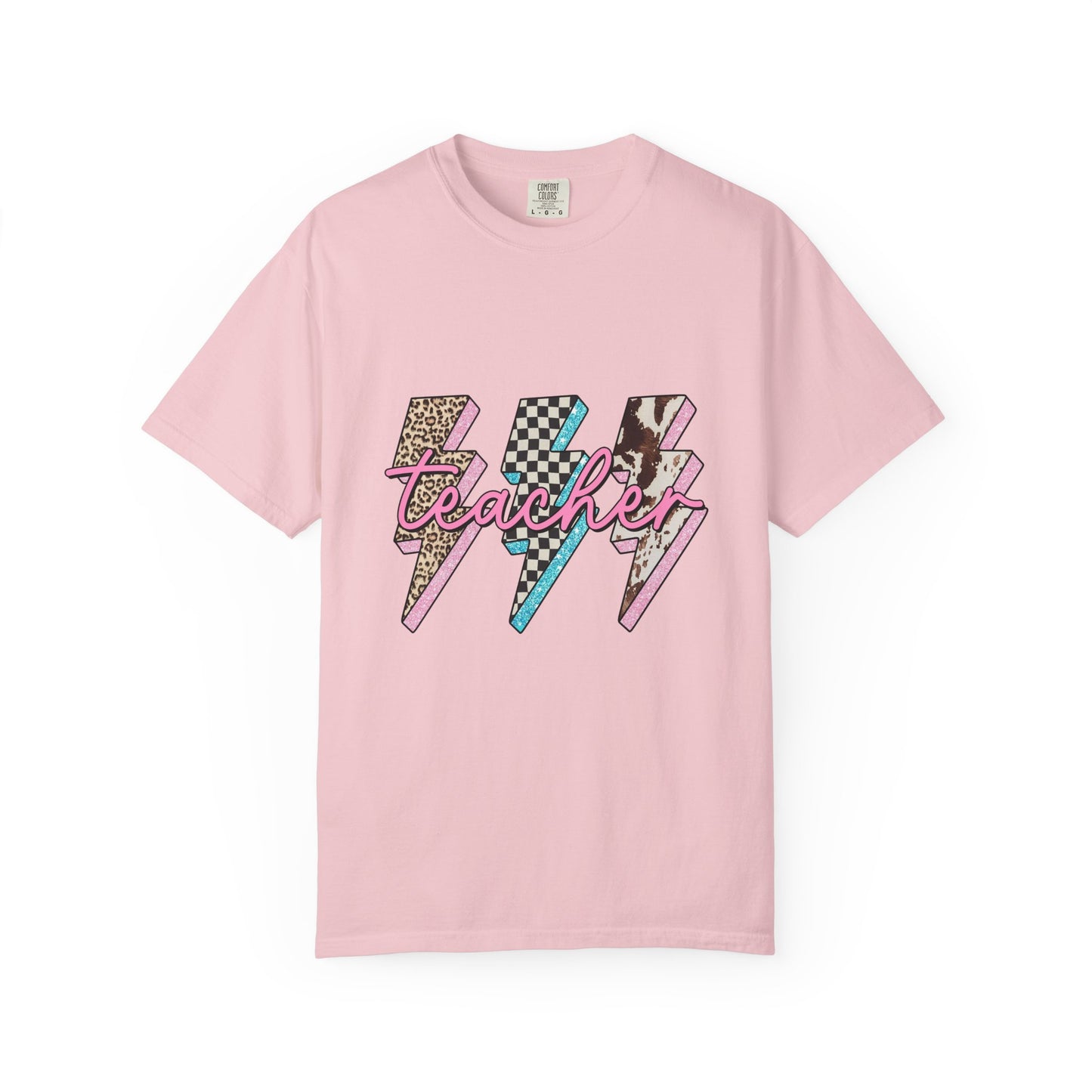 Teacher Lightning Bolt Graphic Tee — Retro Pink Patterned "Teacher" Design