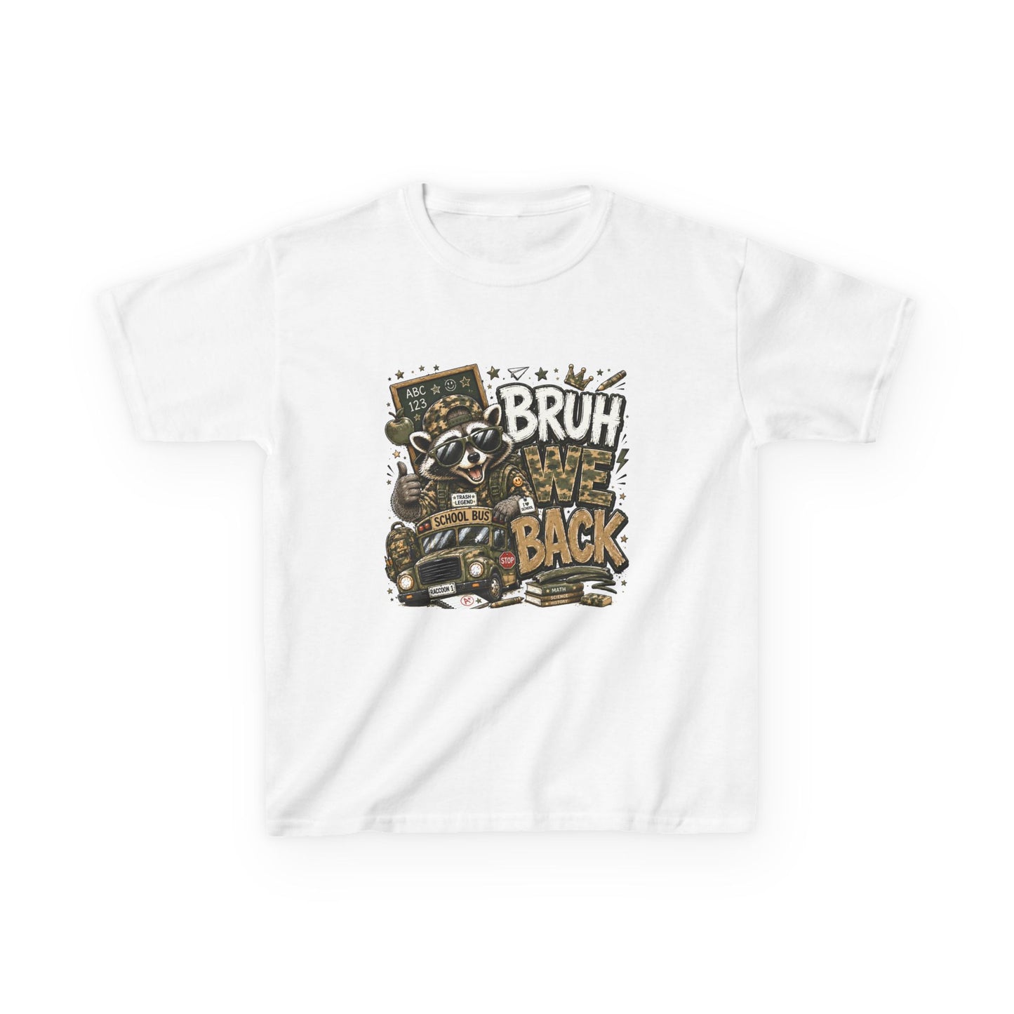 Kids Tee — "Bruh We Back" Cartoon Raccoon School Bus Graphic