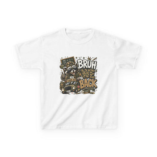 Kids Tee — "Bruh We Back" Cartoon Raccoon School Bus Graphic