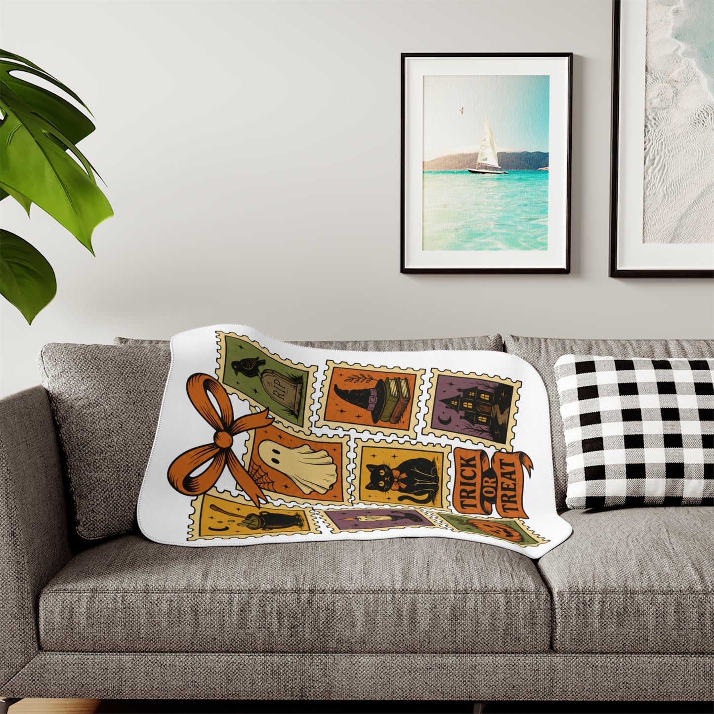 Halloween Stamp Sherpa Blanket – Trick or Treat Cozy Throw