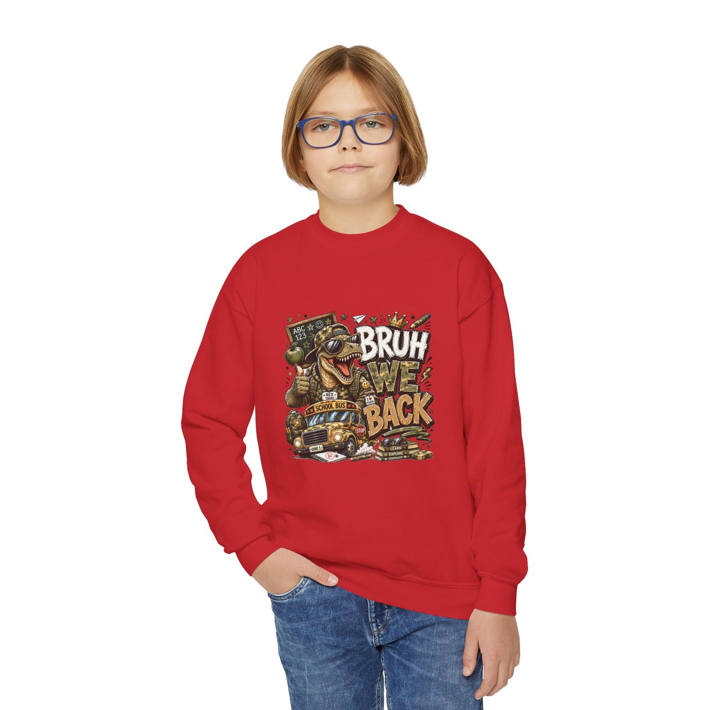 Youth Crewneck Sweatshirt - 'Bruh We Back' Retro Skate Graphic Sweatshirt