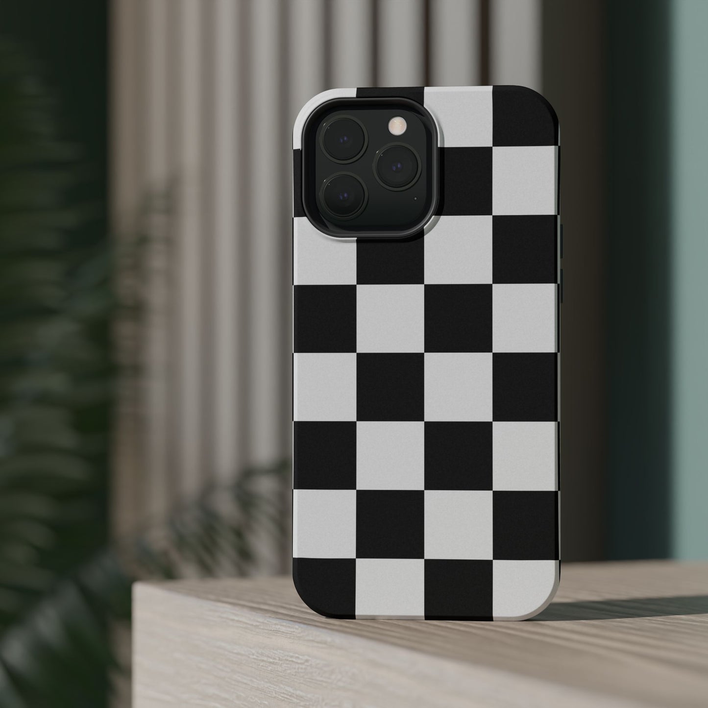 Black & White Checkered Magnetic Impact Phone Case — Shockproof, Wireless Charging Compatible