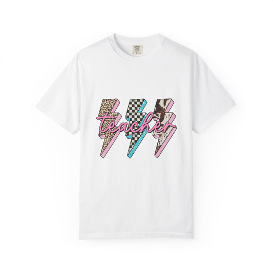Teacher Lightning Bolt Graphic Tee — Retro Pink Patterned "Teacher" Design