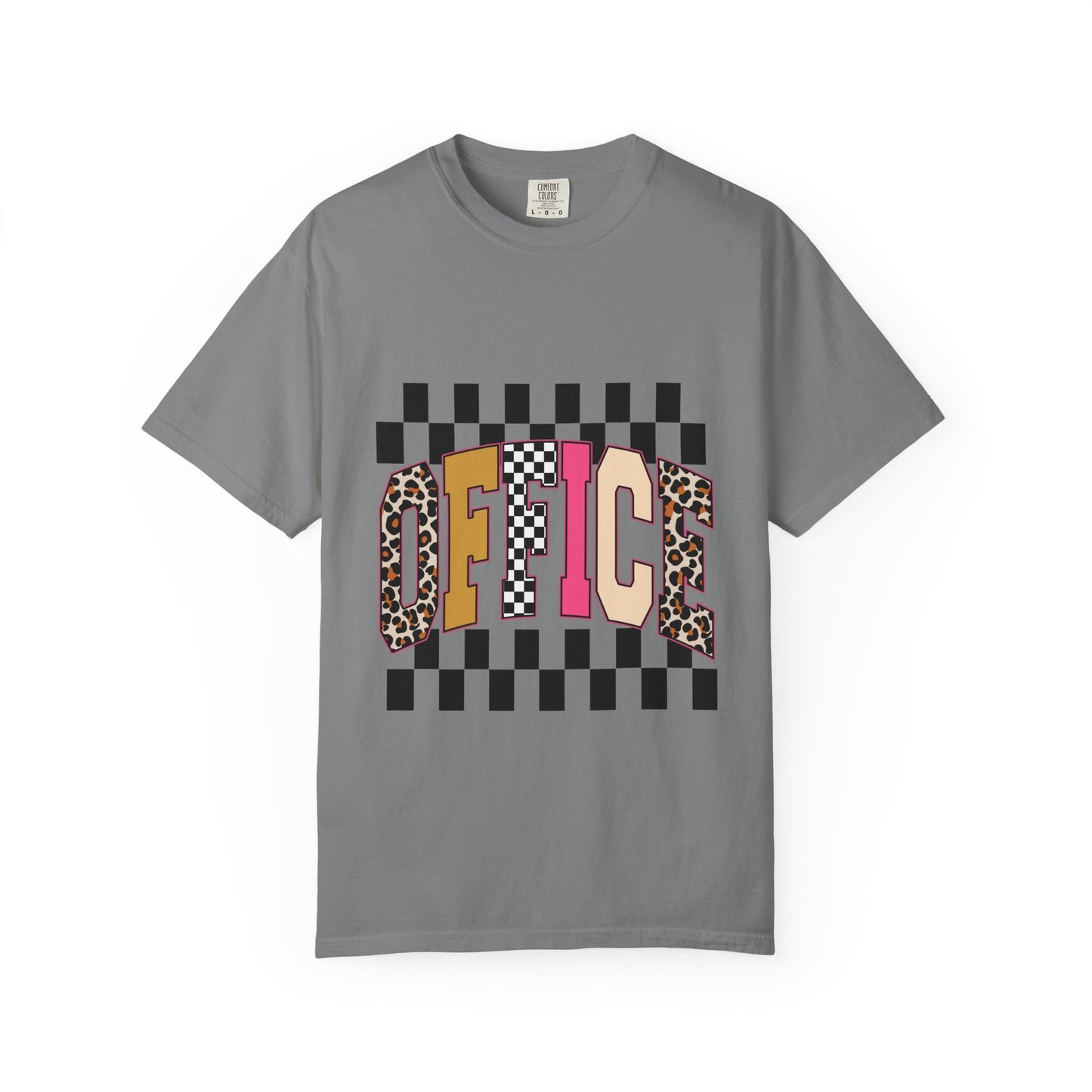 Office Checkerboard Graphic T-Shirt — Colorful Leopard & Retro Lettering
