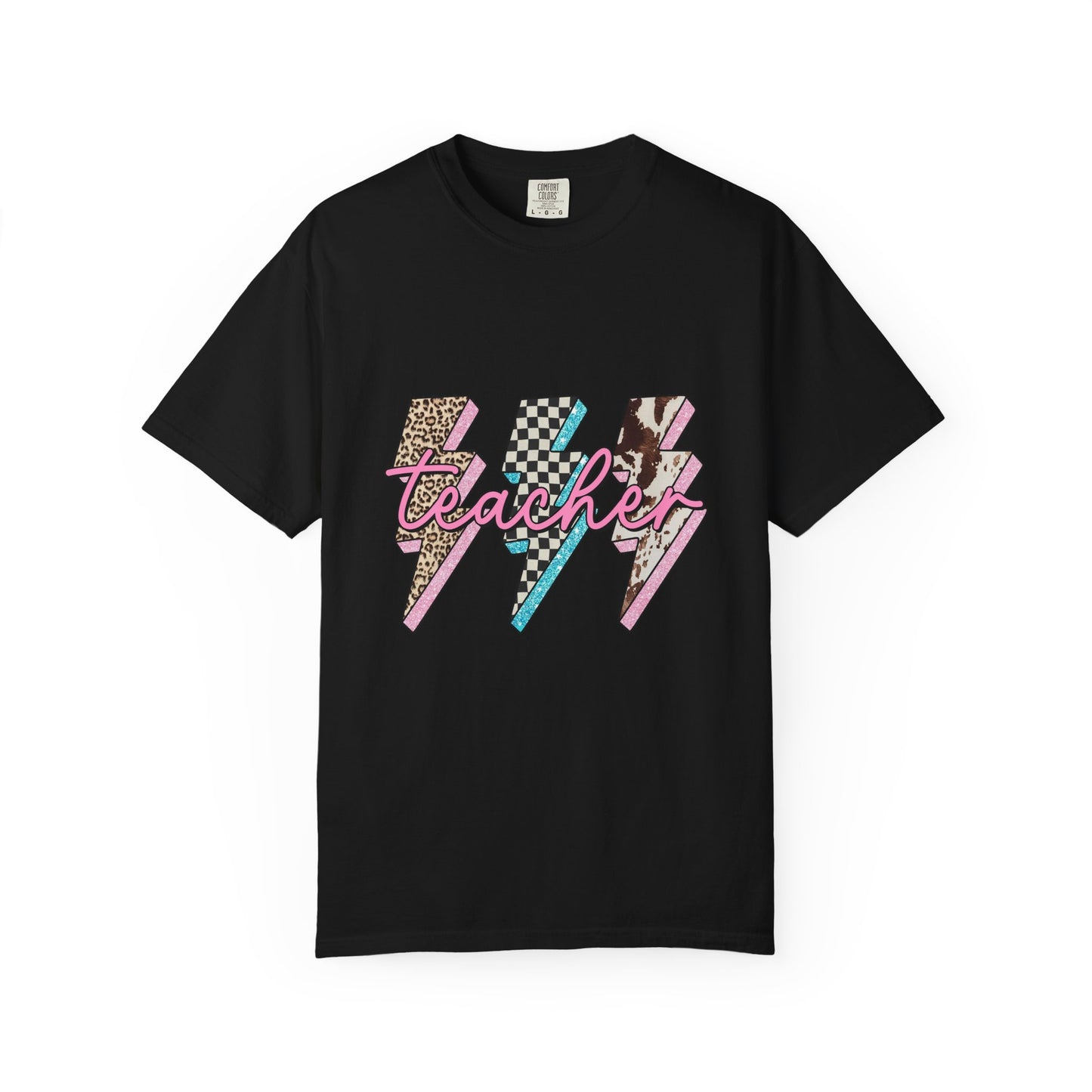 Teacher Lightning Bolt Graphic Tee — Retro Pink Patterned "Teacher" Design