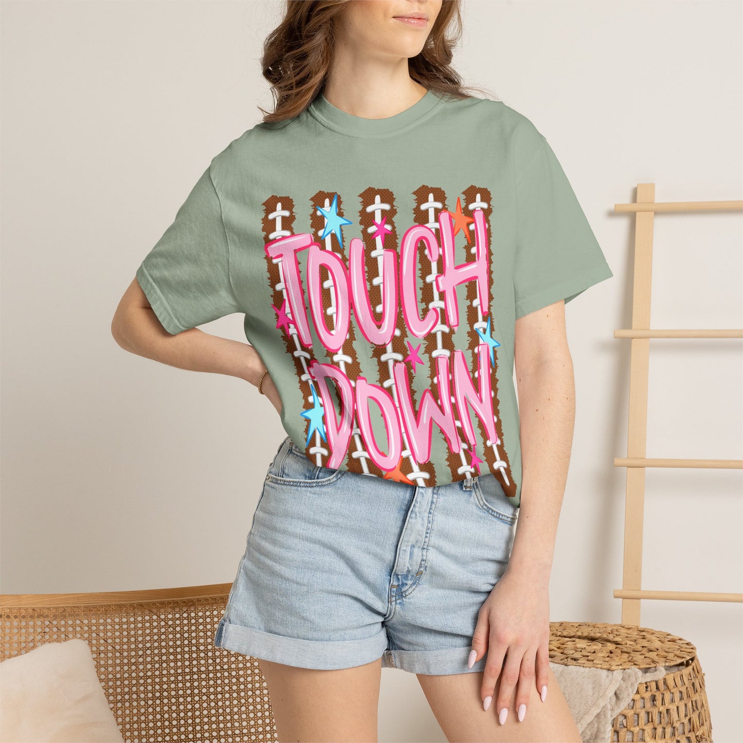Touchdown Football Tee — Pink Script on Football Stitch Background