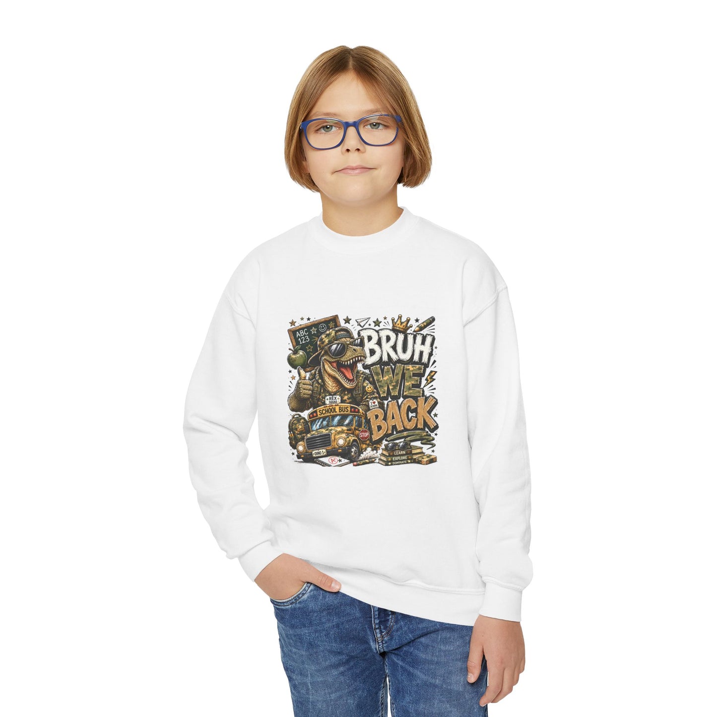 Youth Crewneck Sweatshirt - 'Bruh We Back' Retro Skate Graphic Sweatshirt