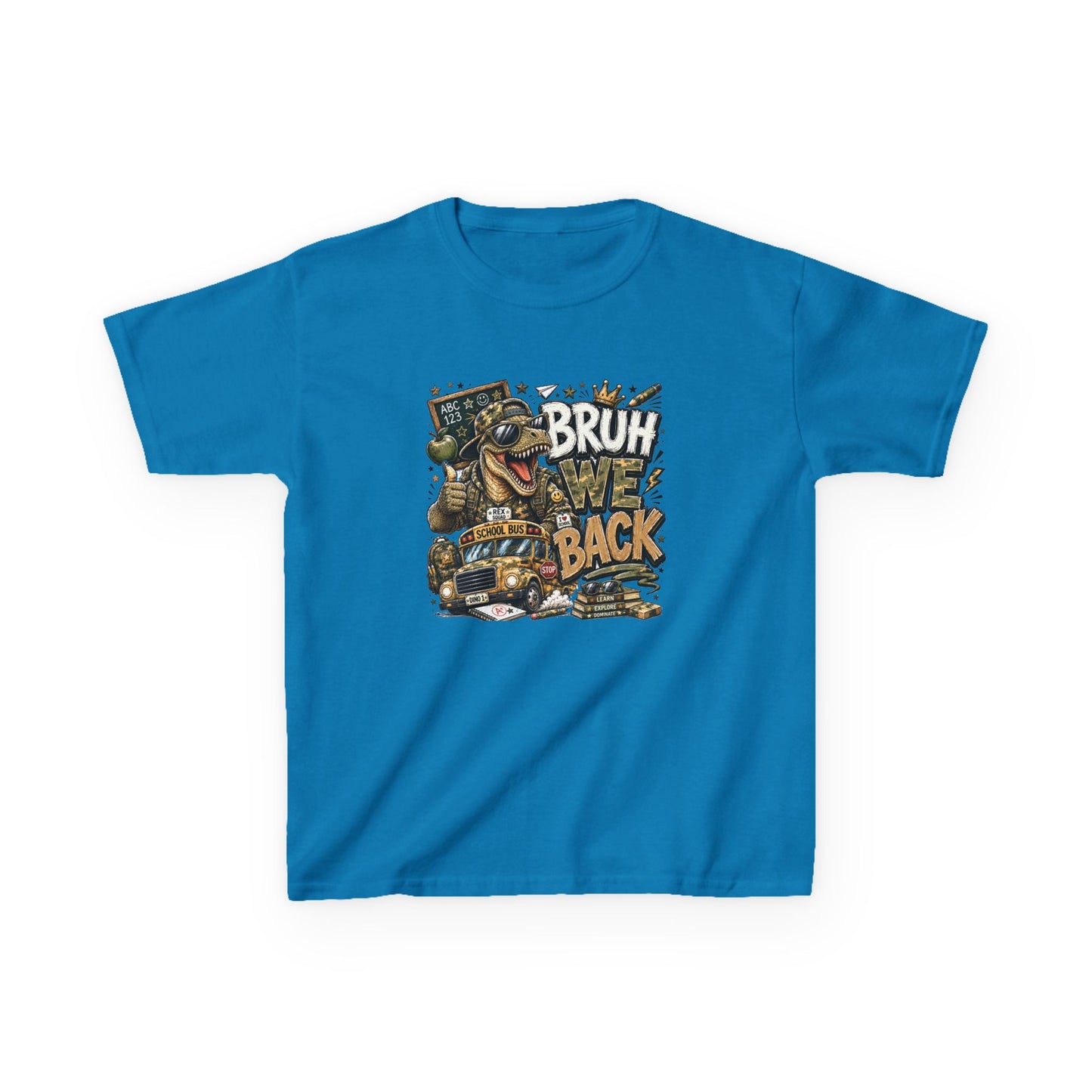 Kids Graphic Tee — "Bruh We Back" T- Rex Vintage Skate Dinosaur Crew Shirt