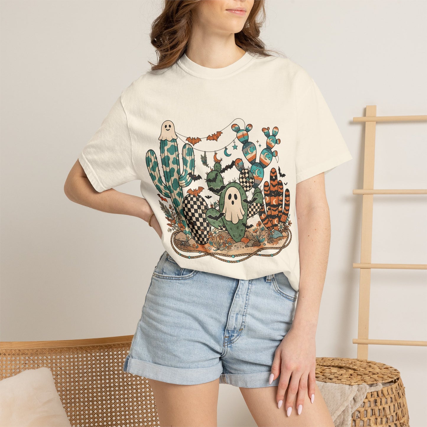 Cactus Patch Halloween T-Shirt — Whimsical Ghosts & Desert Succulents