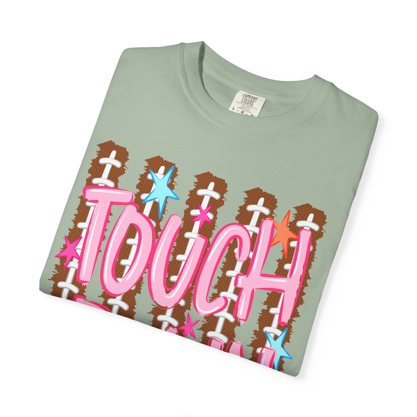 Touchdown Football Tee — Pink Script on Football Stitch Background