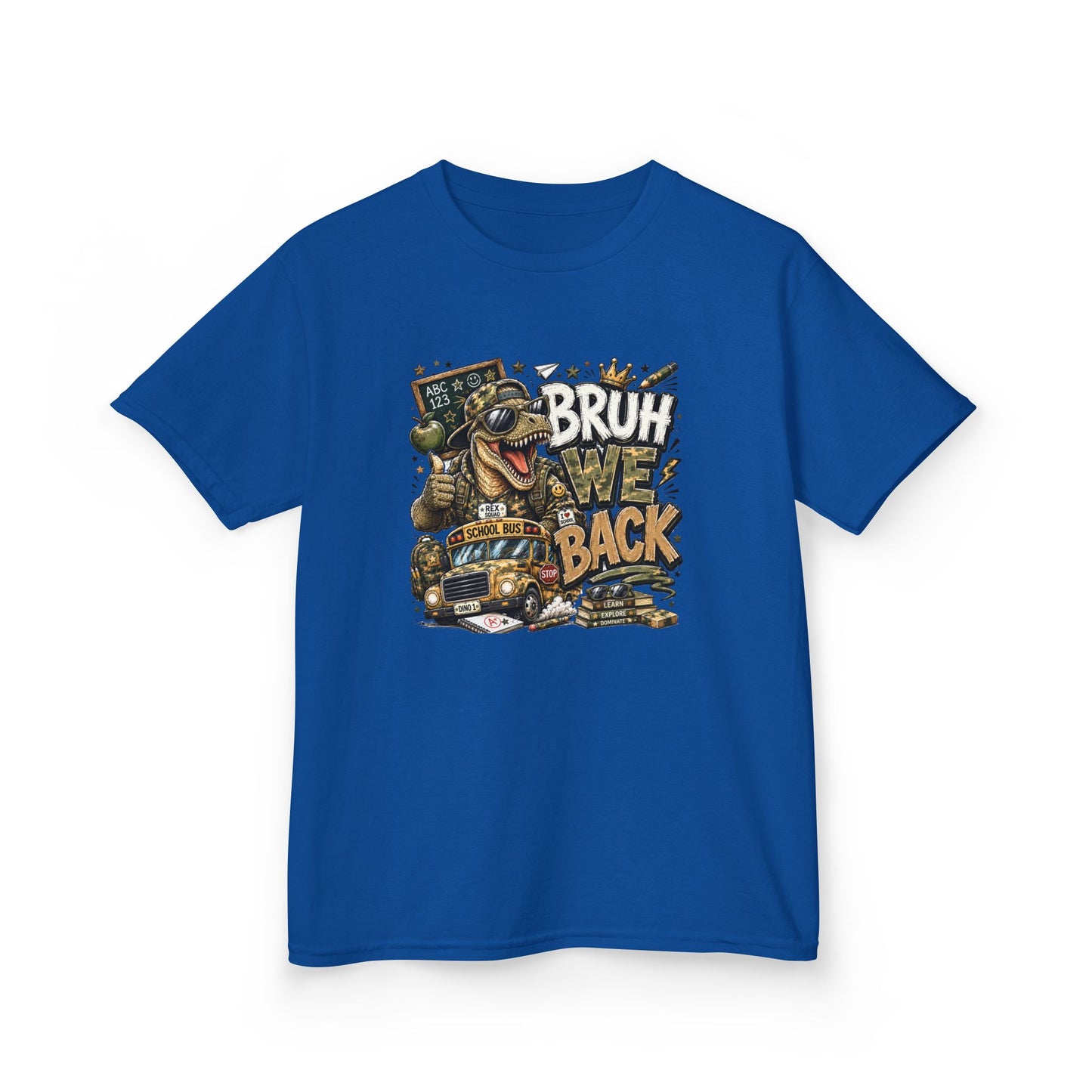 Kids Graphic Tee — "Bruh We Back" T- Rex Vintage Skate Dinosaur Crew Shirt