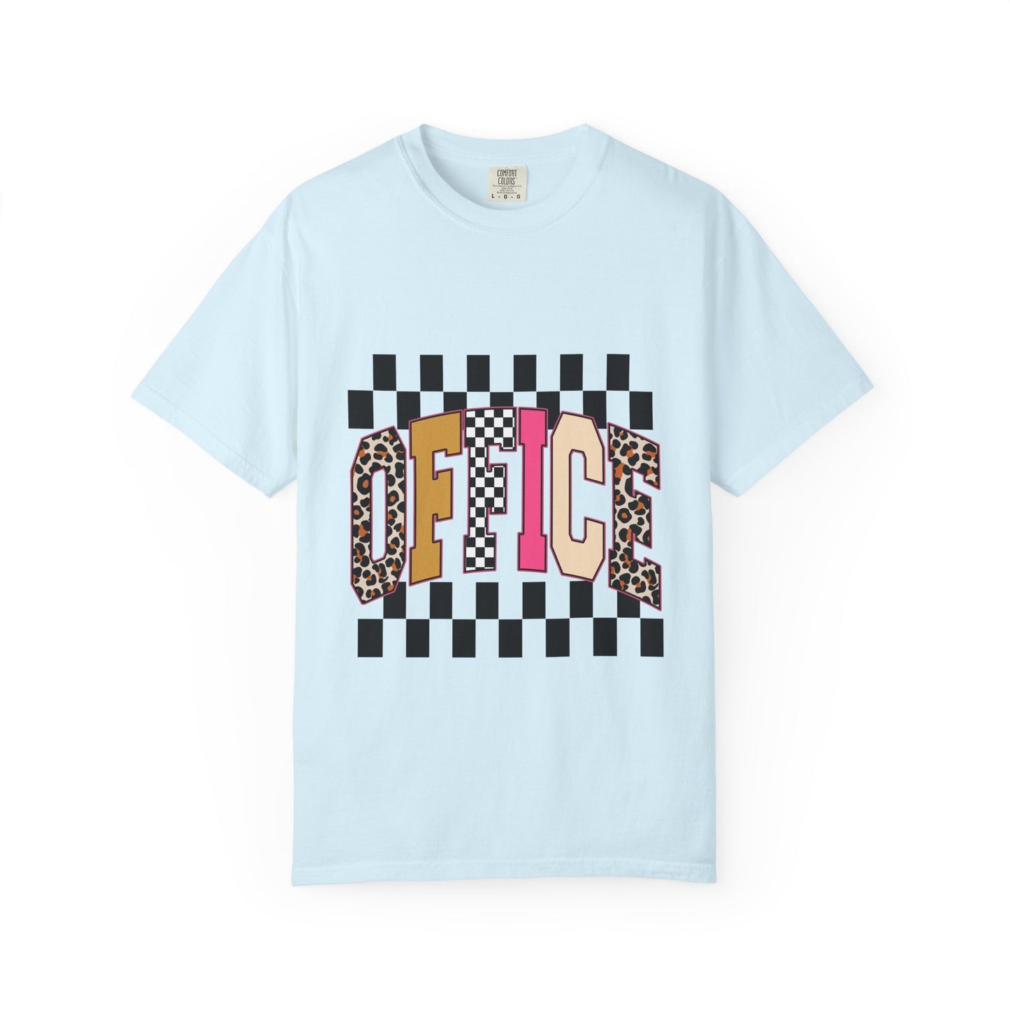 Office Checkerboard Graphic T-Shirt — Colorful Leopard & Retro Lettering