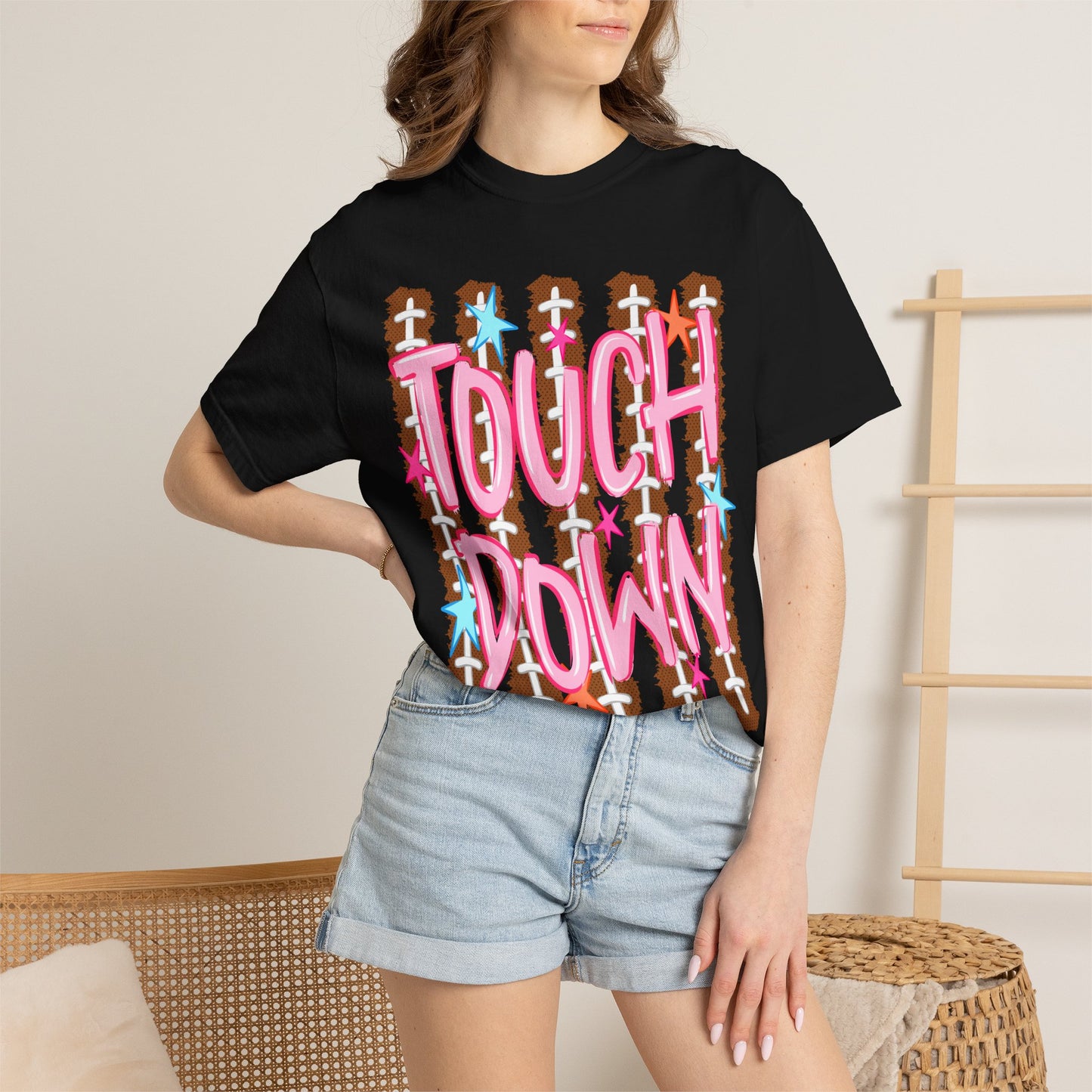Touchdown Football Tee — Pink Script on Football Stitch Background