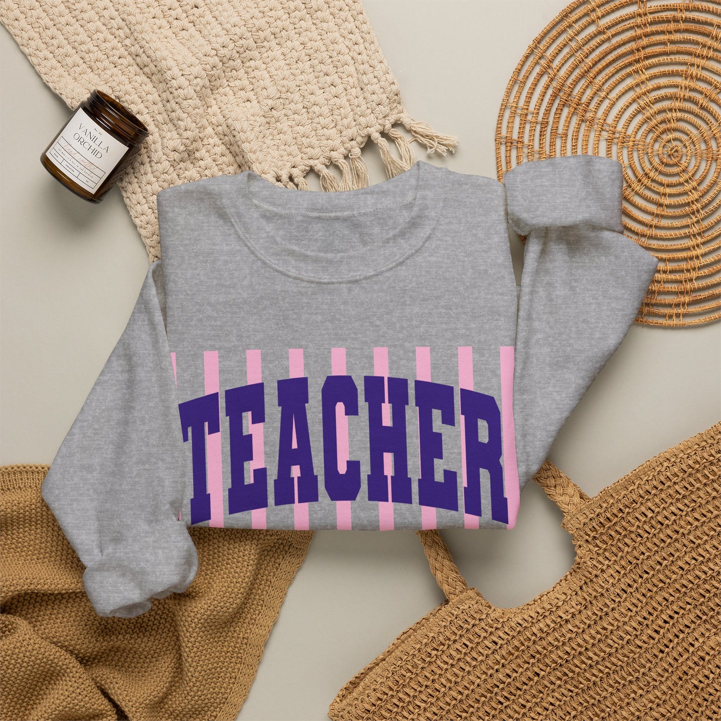 Teacher Crewneck Sweatshirt — Pink Stripes & Bow Design