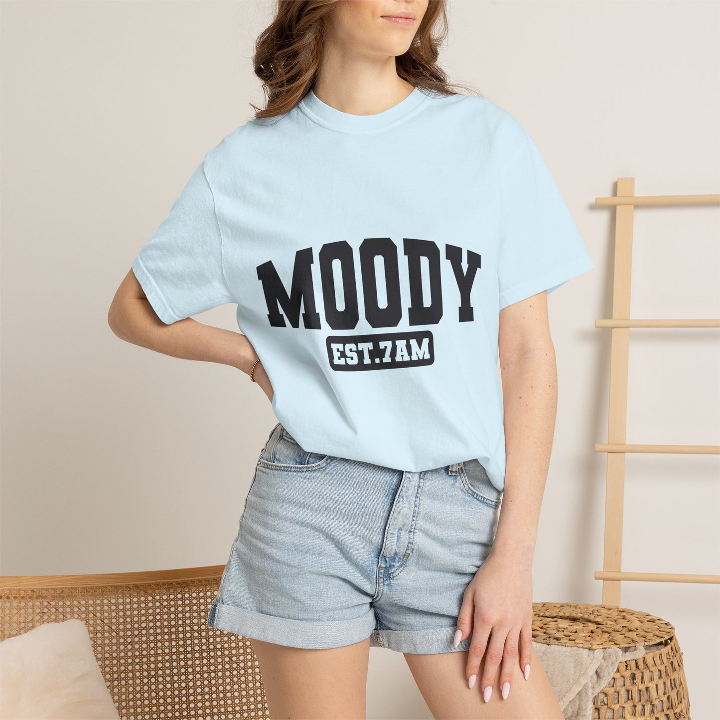 Moody EST. 7AM T-Shirt — Casual Graphic Tee for Coffee Lovers & Night Owls