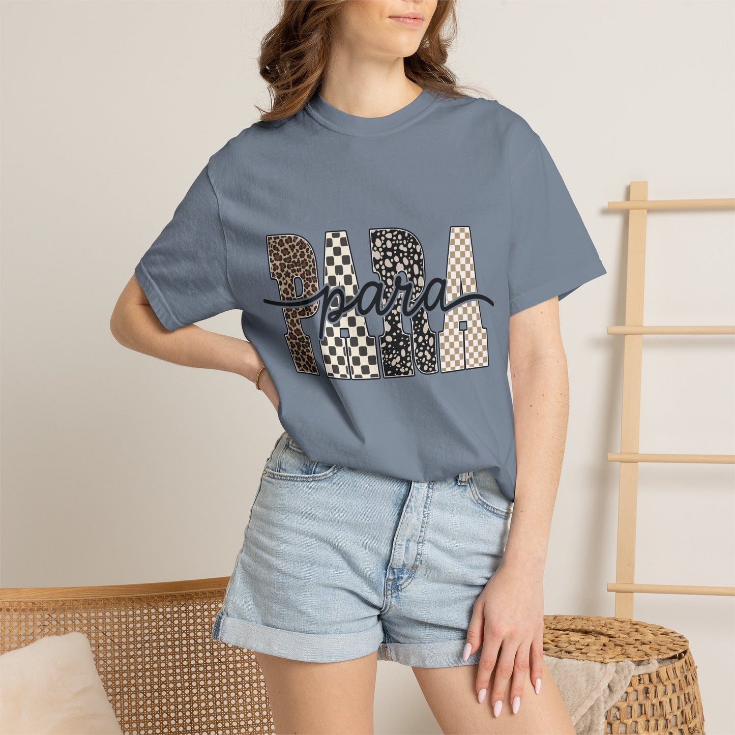 Para T-Shirt — Leopard & Checker Block Letter Graphic Tee