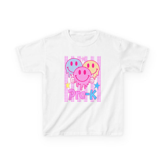 Pre-K Smiley Faces Kids T-Shirt — Cute Drip Neon Preschool Tee