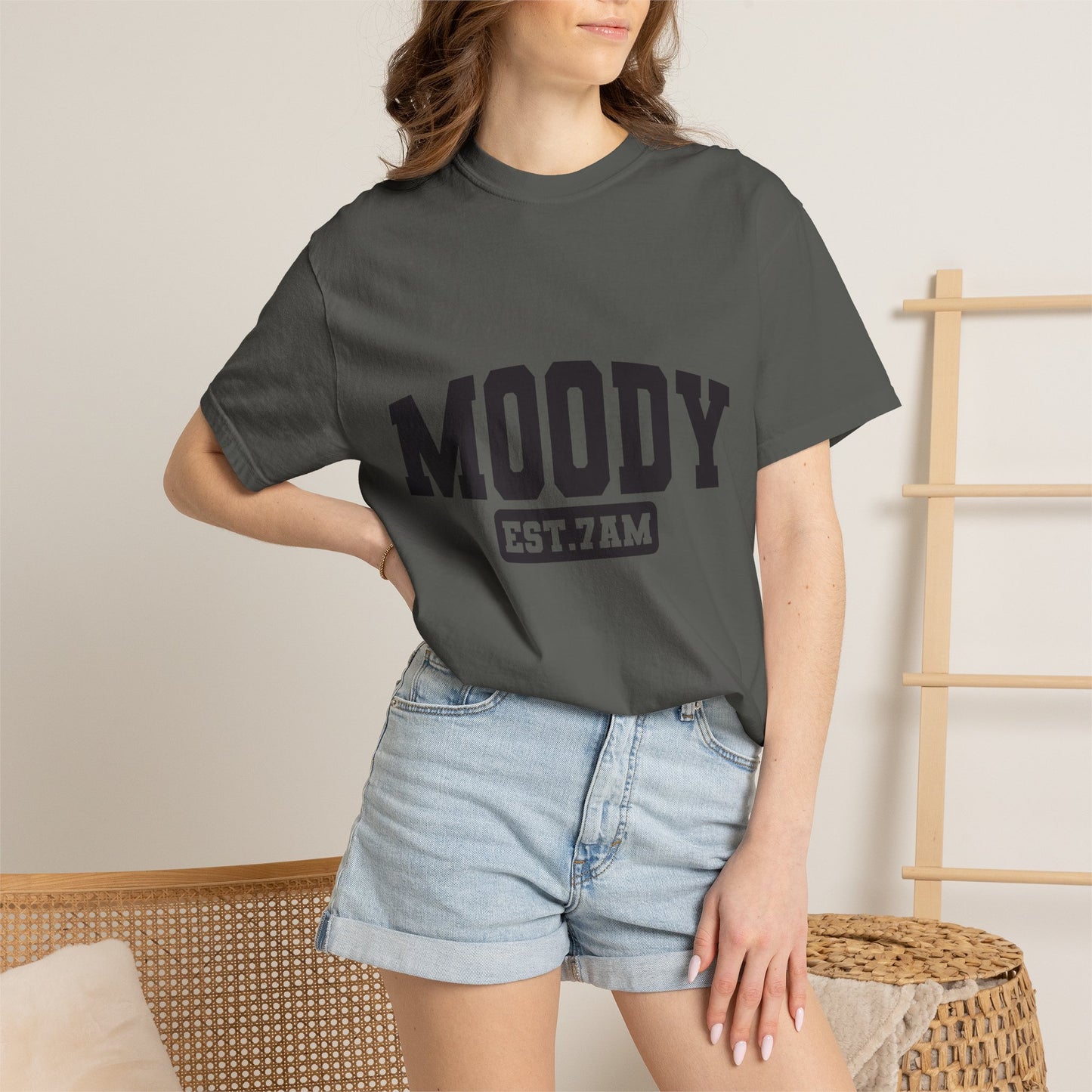 Moody EST. 7AM T-Shirt — Casual Graphic Tee for Coffee Lovers & Night Owls